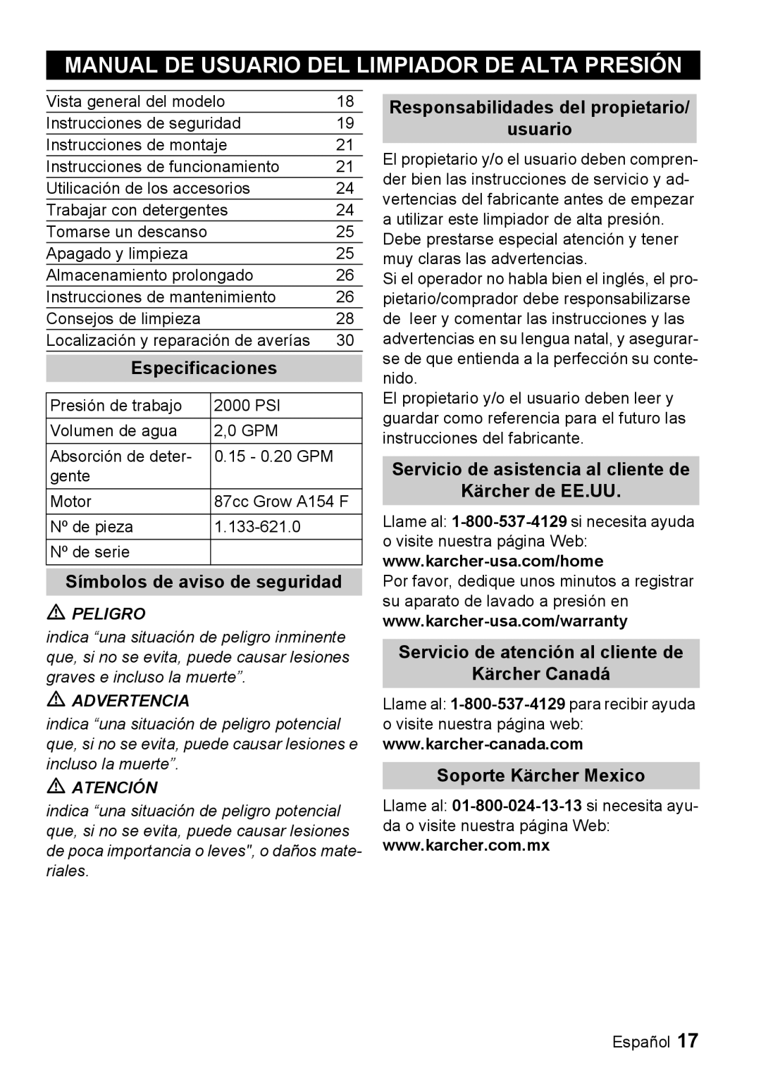 Karcher G 2000 MK manual Manual DE Usuario DEL Limpiador DE Alta Presión, Responsabilidades del propietario Usuario 