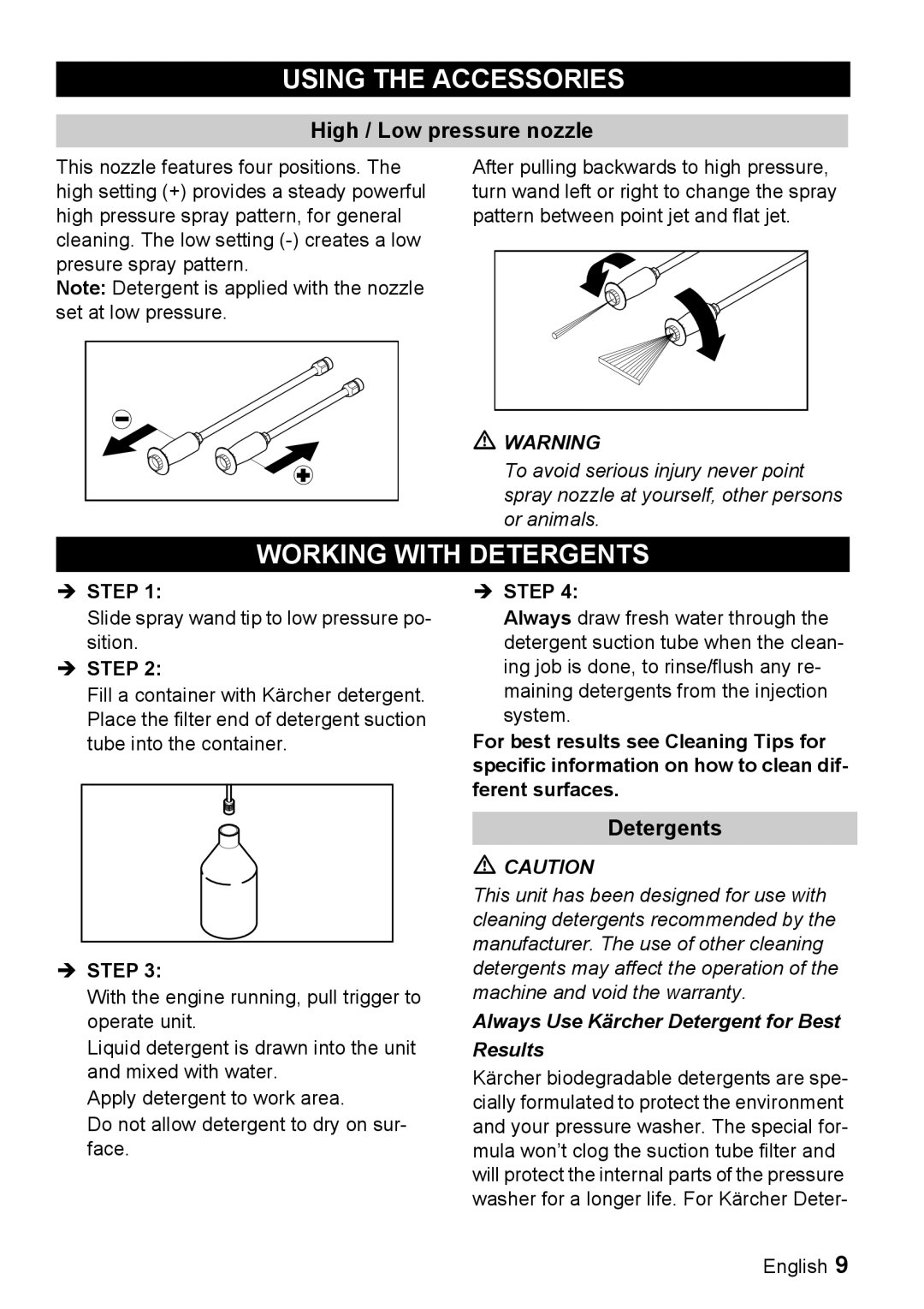 Karcher G 2000 MK manual Using the Accessories, Working with Detergents, High / Low pressure nozzle 