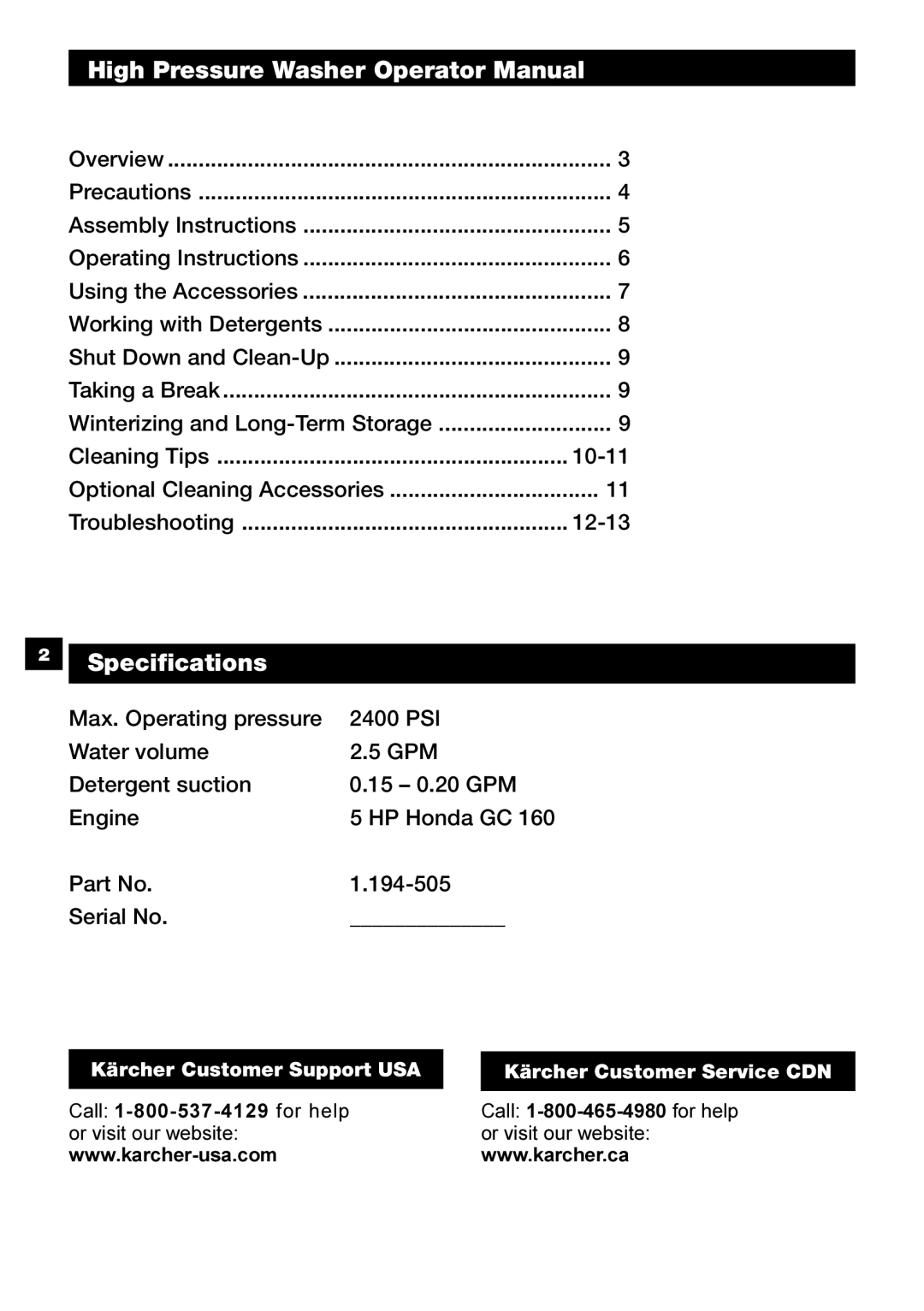 Karcher G 2401 OH manual High Pressure Washer Operator Manual, Specifications 