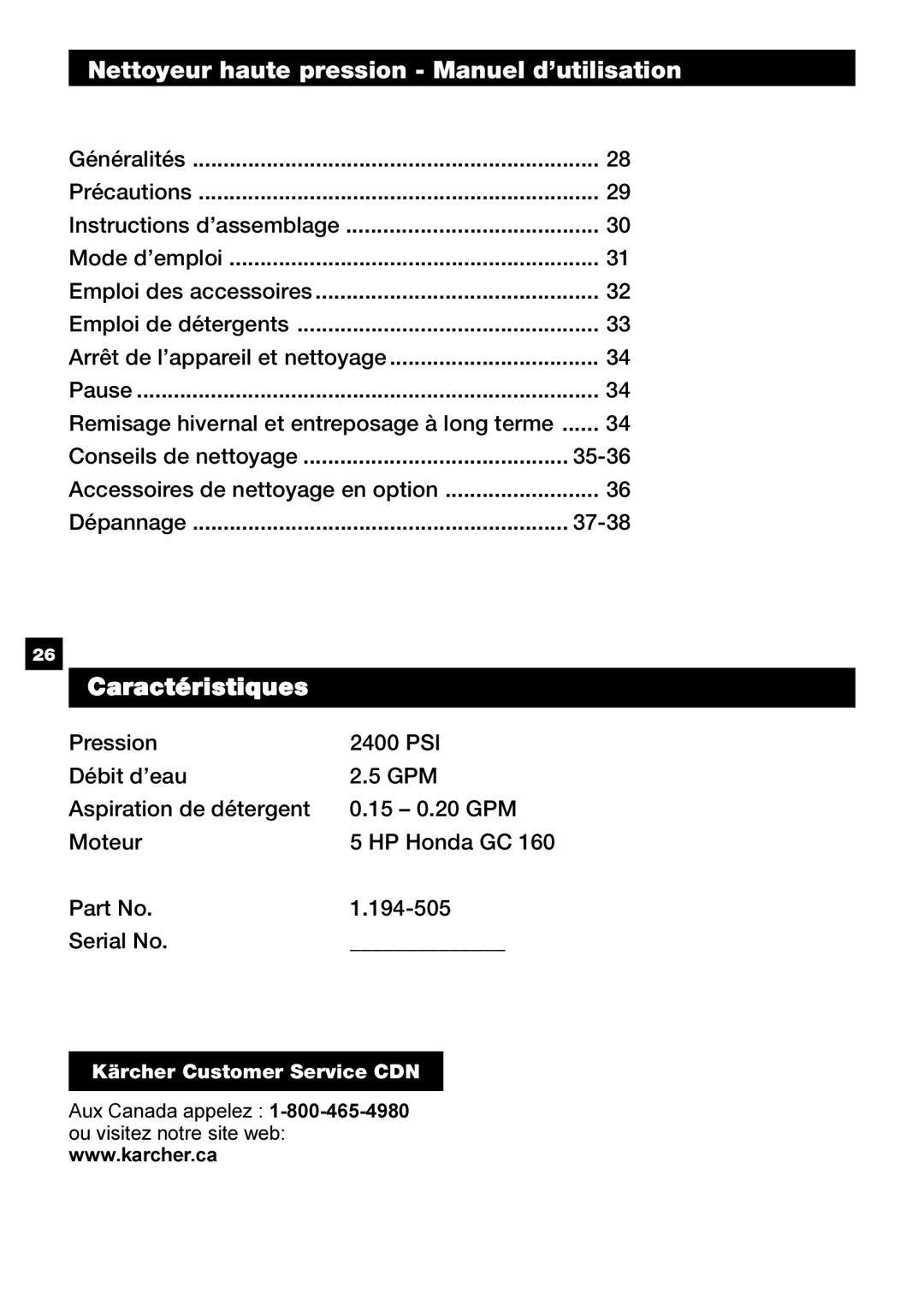 Karcher G 2401 OH manual Nettoyeur haute pression Manuel d’utilisation, Caractéristiques 