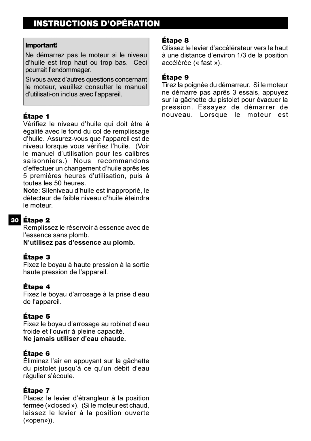 Karcher G 2401 OH manual Instructions D’OPÉRATION 