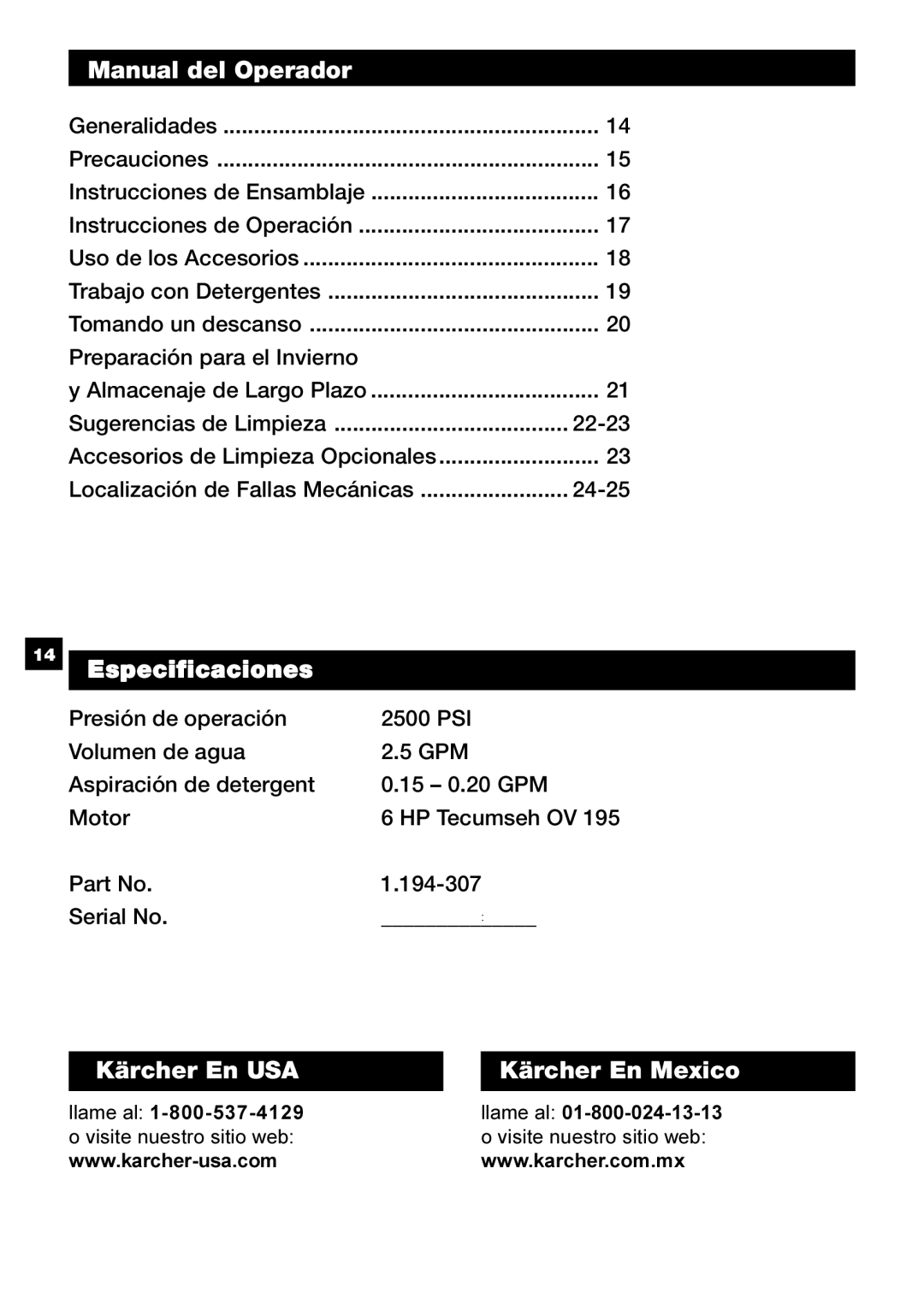 Karcher G 2500 HT manual Manual del Operador, Especificaciones, Kärcher En USA, Kärcher En Mexico 