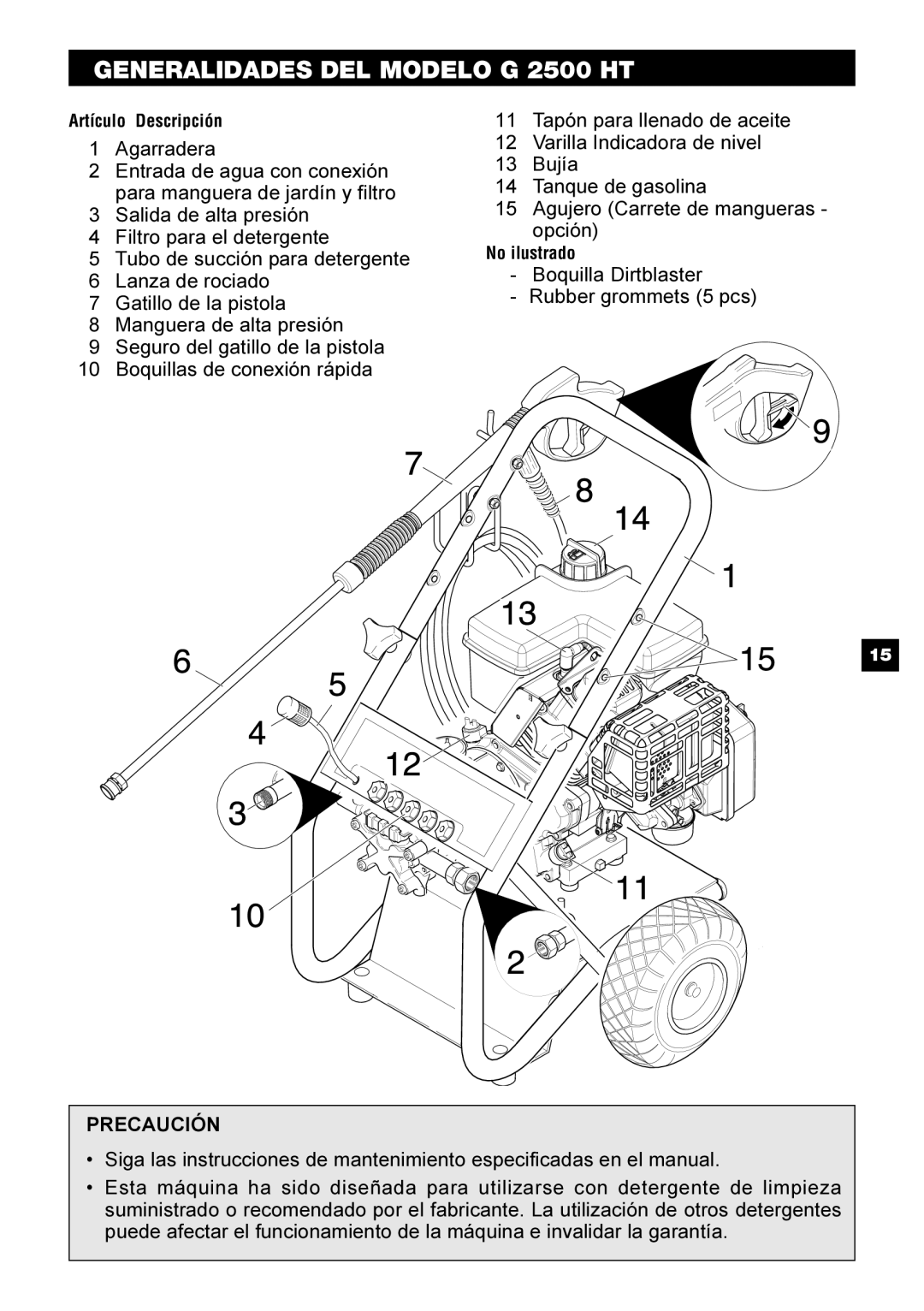 Karcher manual GENERALIDADES DEL MODELO G 2500 HT, Artículo Descripción, No ilustrado 