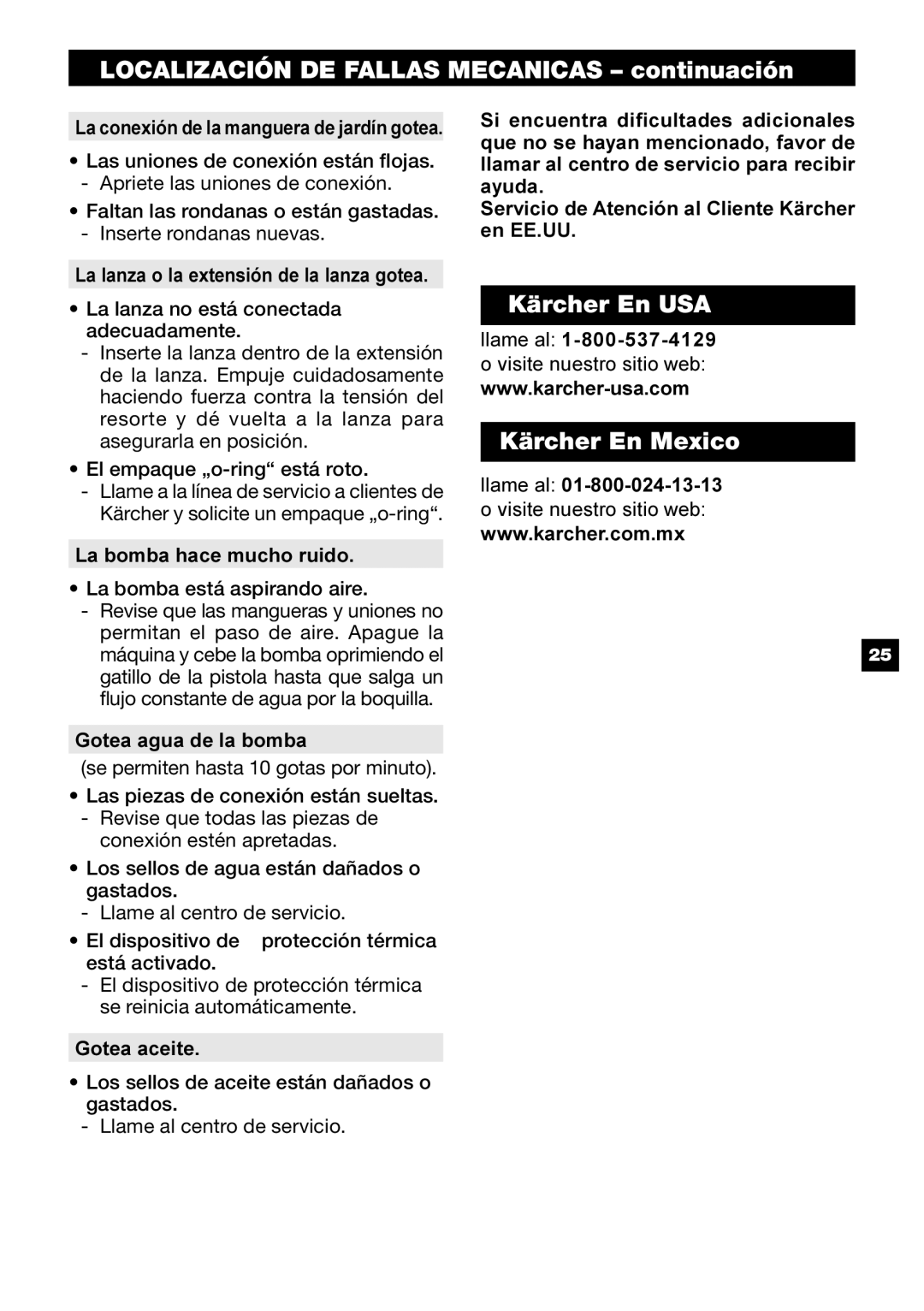 Karcher G 2500 HT manual LOCALIZACIÓN DE FALLAS MECANICAS – continuación, Kärcher En USA, Kärcher En Mexico 