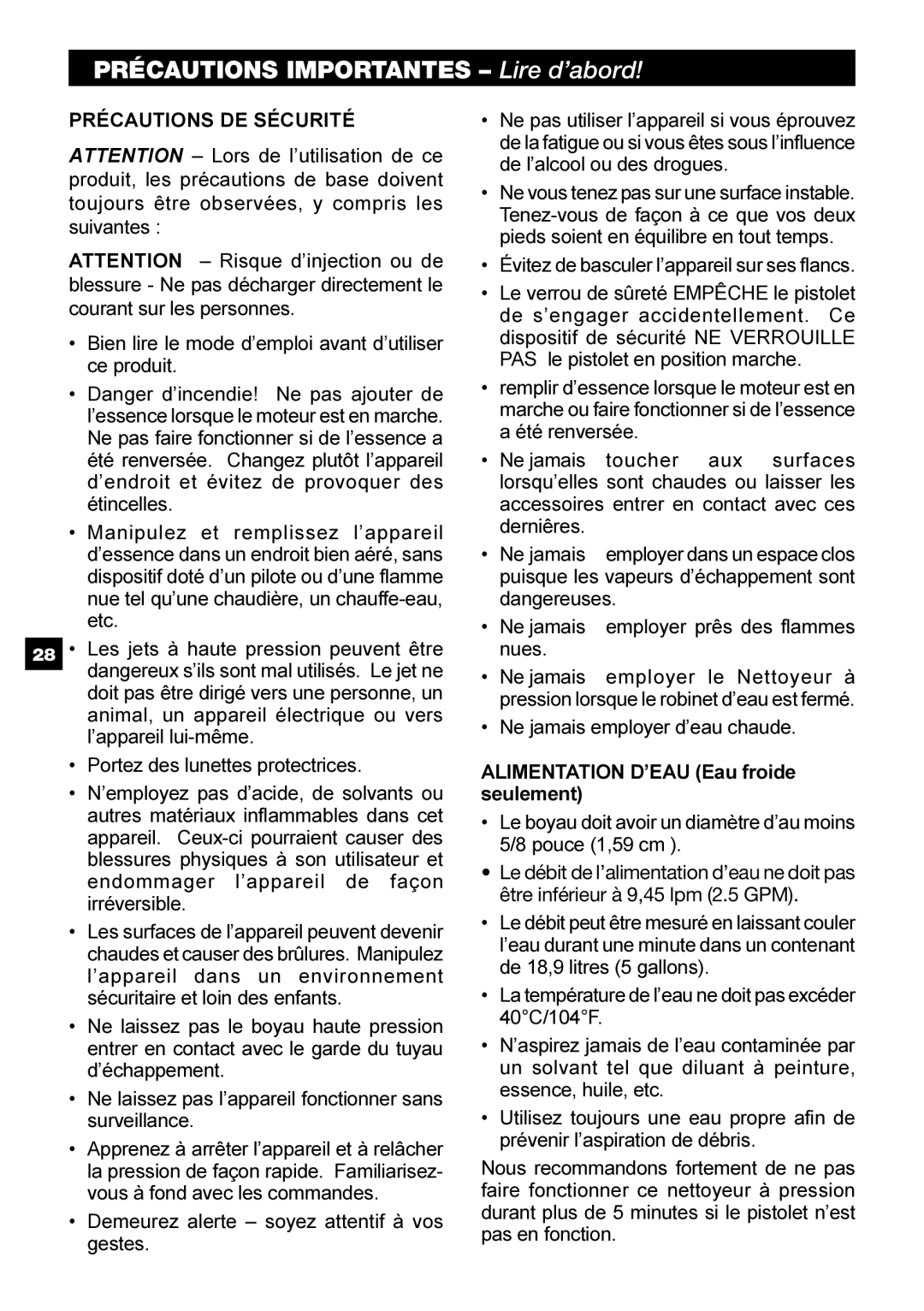 Karcher G 2500 HT manual PRÉCAUTIONS IMPORTANTES – Lire d’abord 
