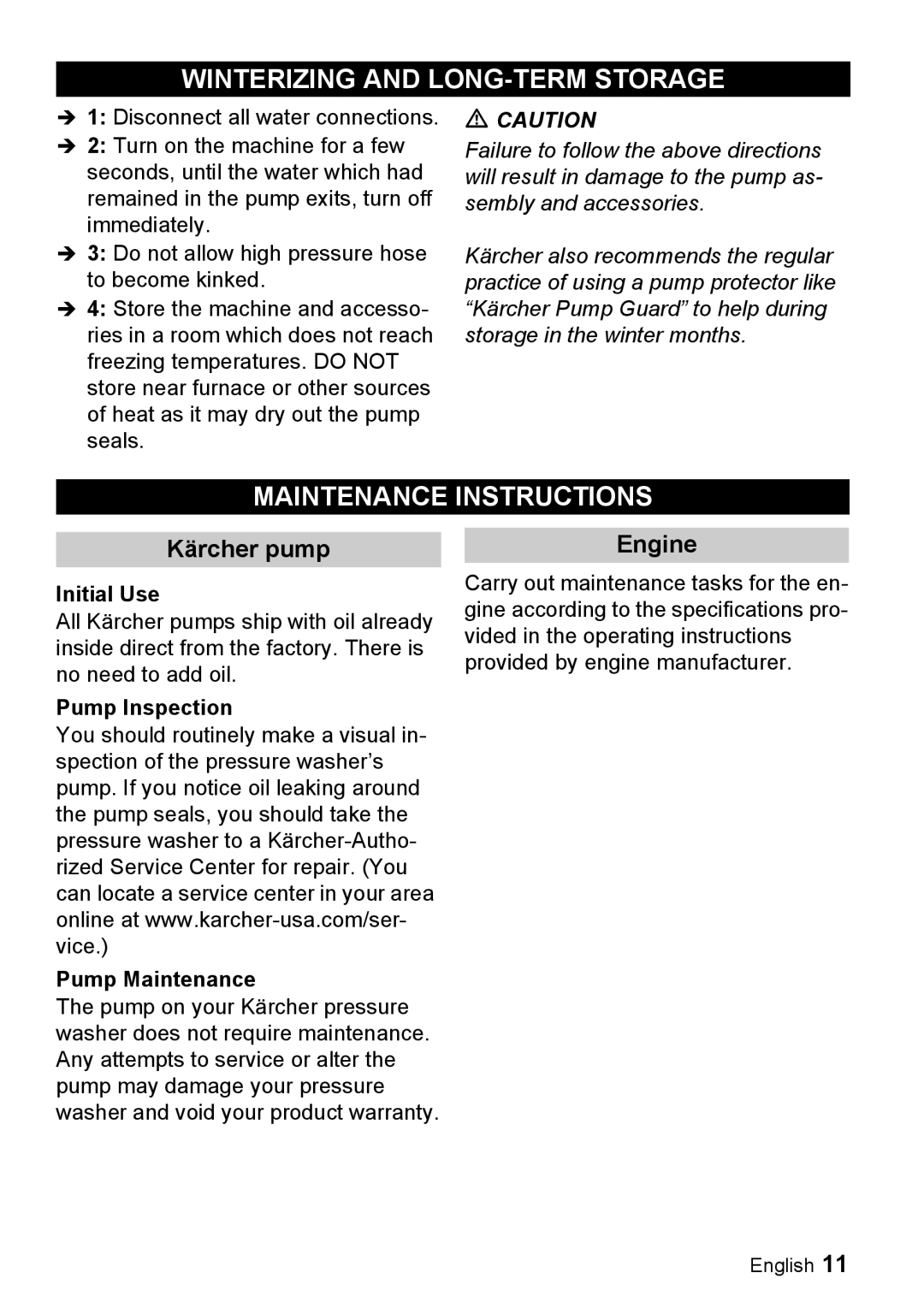 Karcher G 2500 LH manual Winterizing and LONG-TERM Storage, Maintenance Instructions, Kärcher pump, Engine 