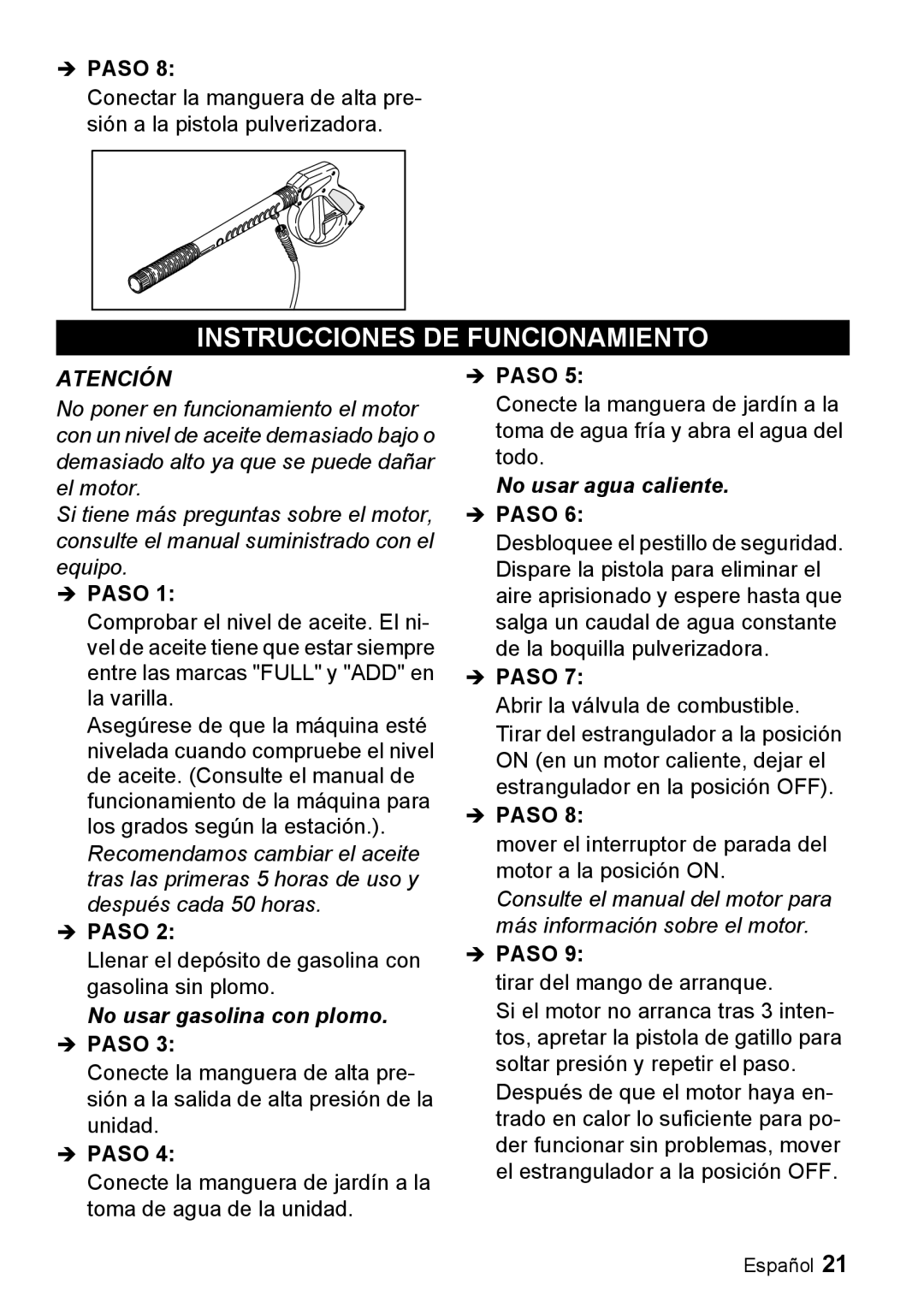 Karcher G 2500 LH manual Instrucciones DE Funcionamiento, No usar gasolina con plomo 