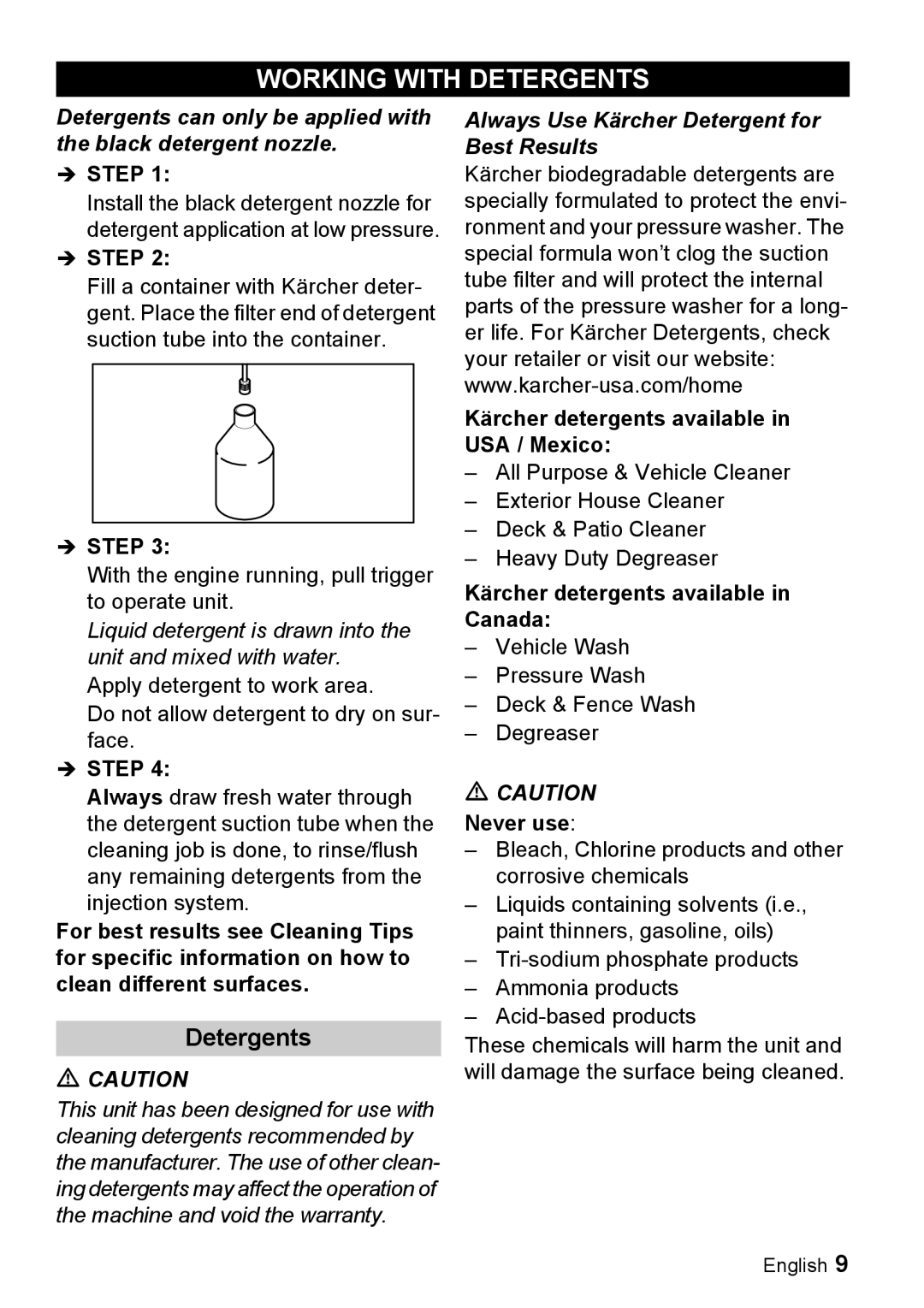 Karcher G 2500 LH manual Working with Detergents, Kärcher detergents available in USA / Mexico, Never use 