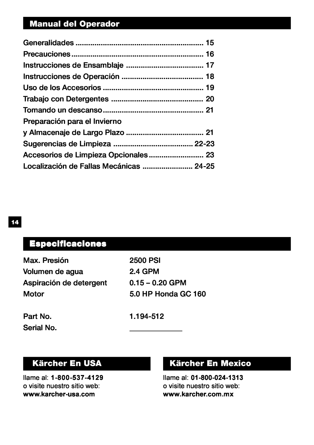 Karcher G 2500 OH manual Manual del Operador, Especificaciones, Kärcher En USA, Kärcher En Mexico 