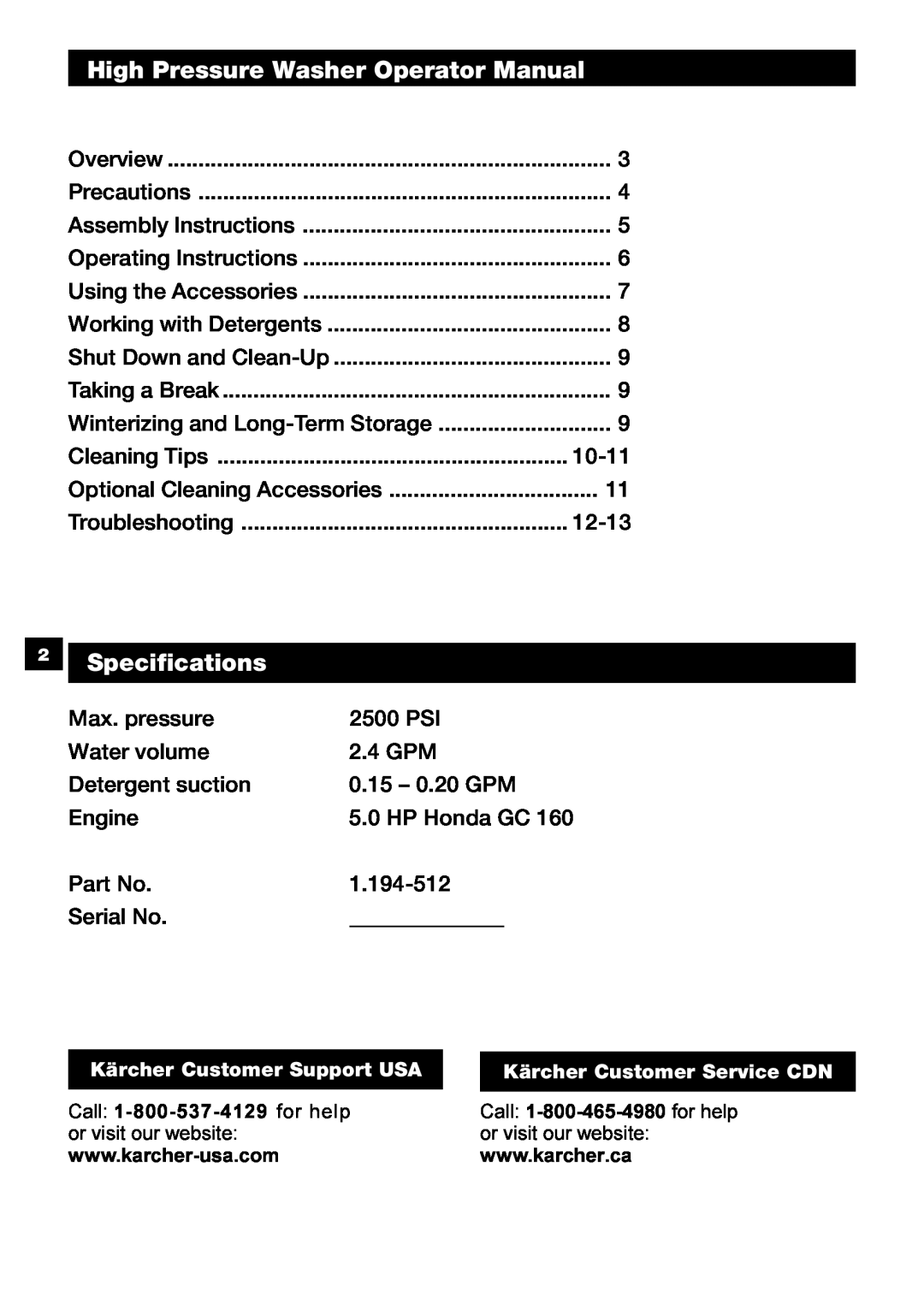 Karcher G 2500 OH manual High Pressure Washer Operator Manual, Specifications 