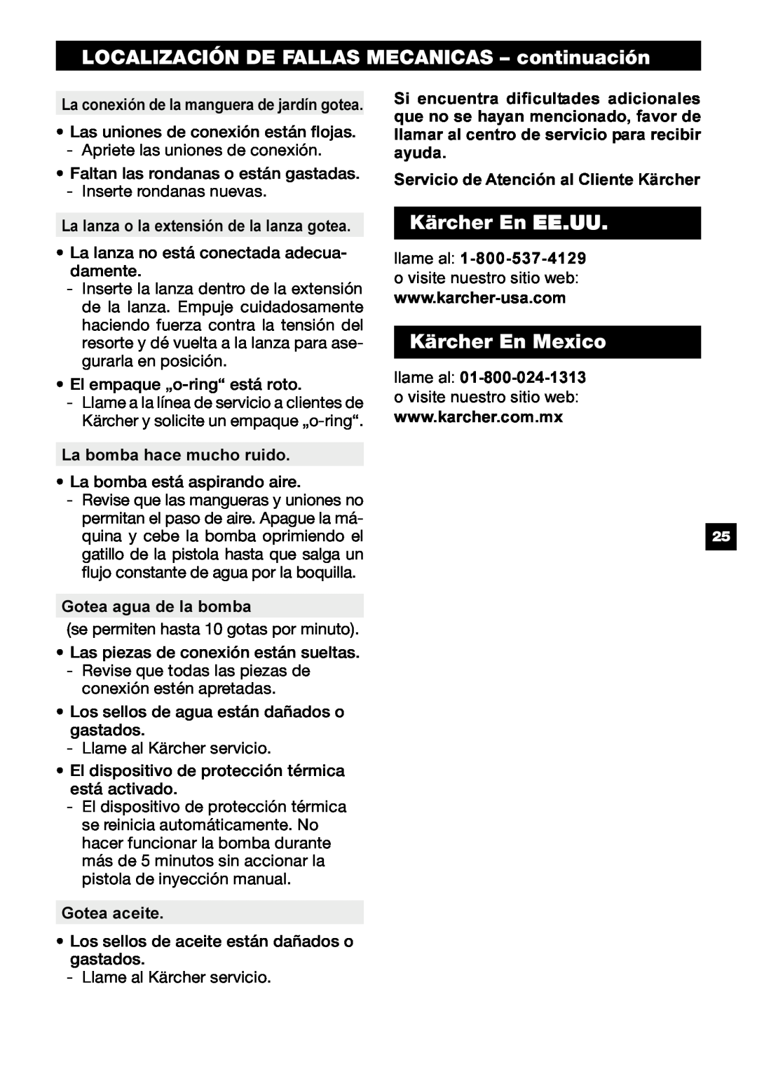 Karcher G 2500 OH manual LOCALIZACIÓN DE FALLAS MECANICAS - continuación, Kärcher En EE.UU, Kärcher En Mexico 