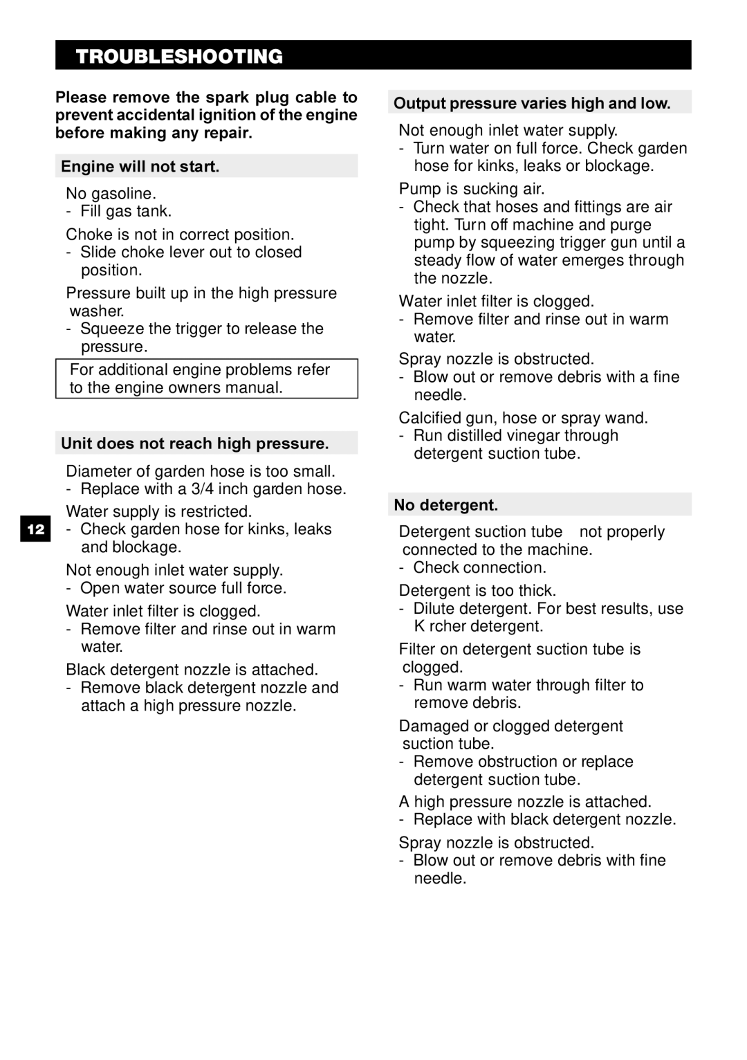 Karcher G 2500 PH manual Troubleshooting 