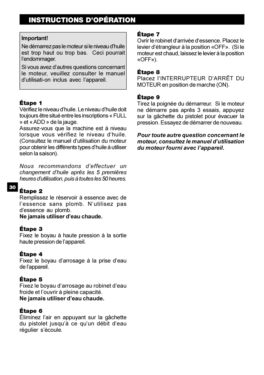 Karcher G 2500 PH manual Instructions D’OPÉRATION 