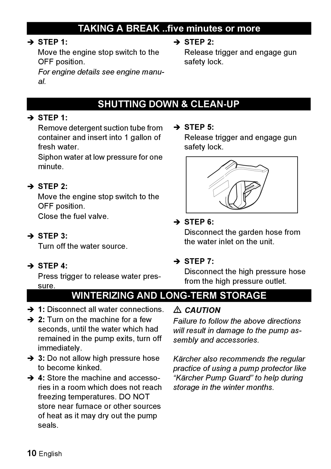 Karcher G 2500 VH manual Shutting Down & CLEAN-UP, Winterizing and LONG-TERM Storage 