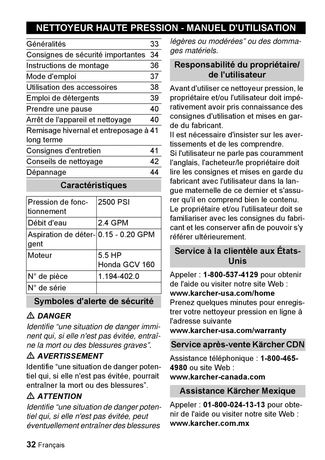 Karcher G 2500 VH manual Nettoyeur Haute Pression Manuel Dutilisation, Caractéristiques, Symboles dalerte de sécurité 