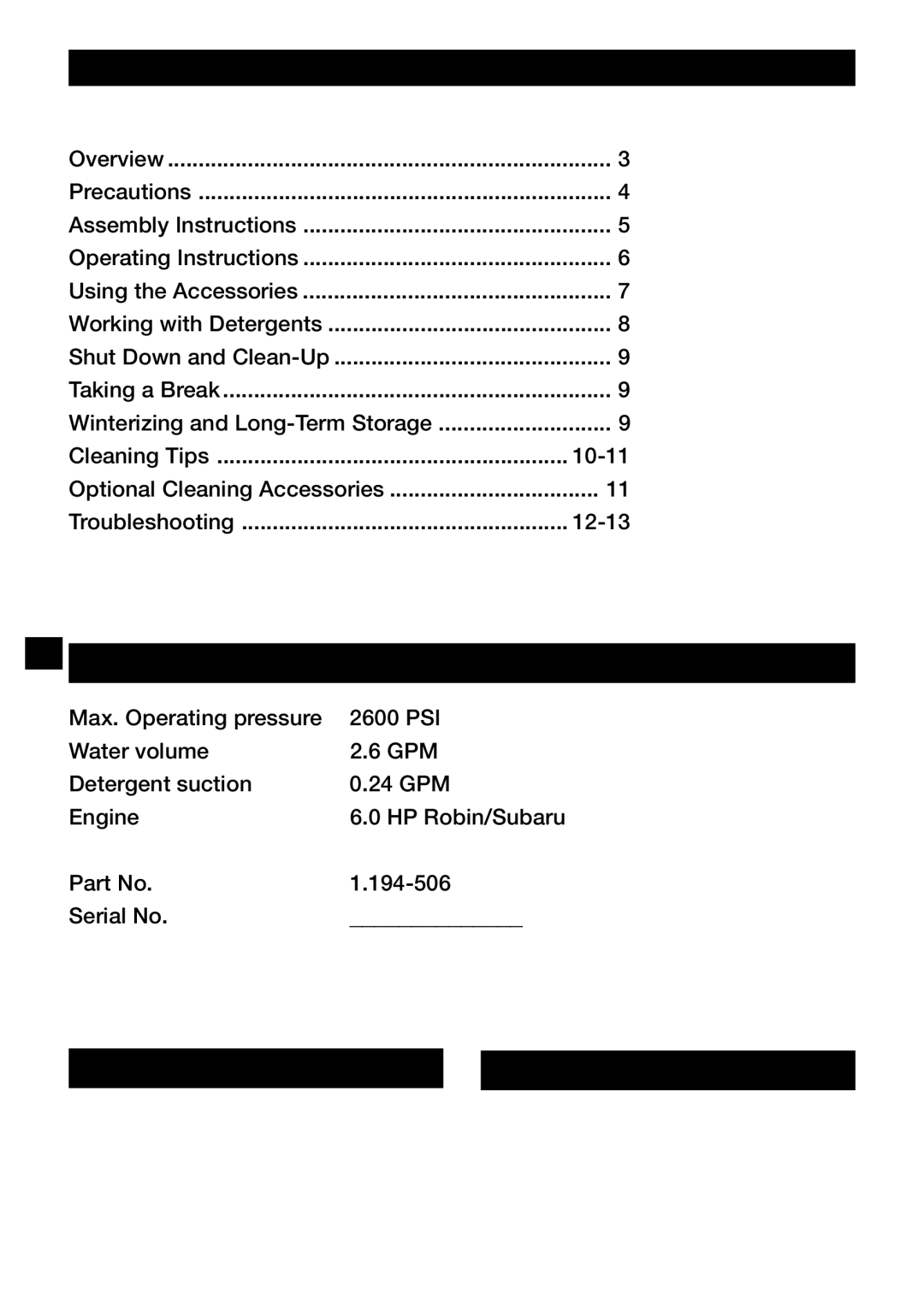 Karcher G 2600 OR manual High Pressure Washer Operator Manual, Specifications 