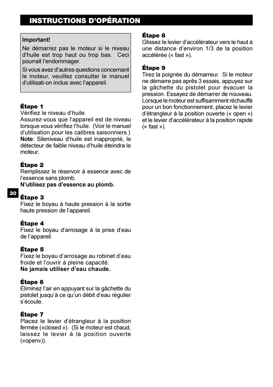 Karcher G 2600 OR manual Instructions D’OPÉRATION 