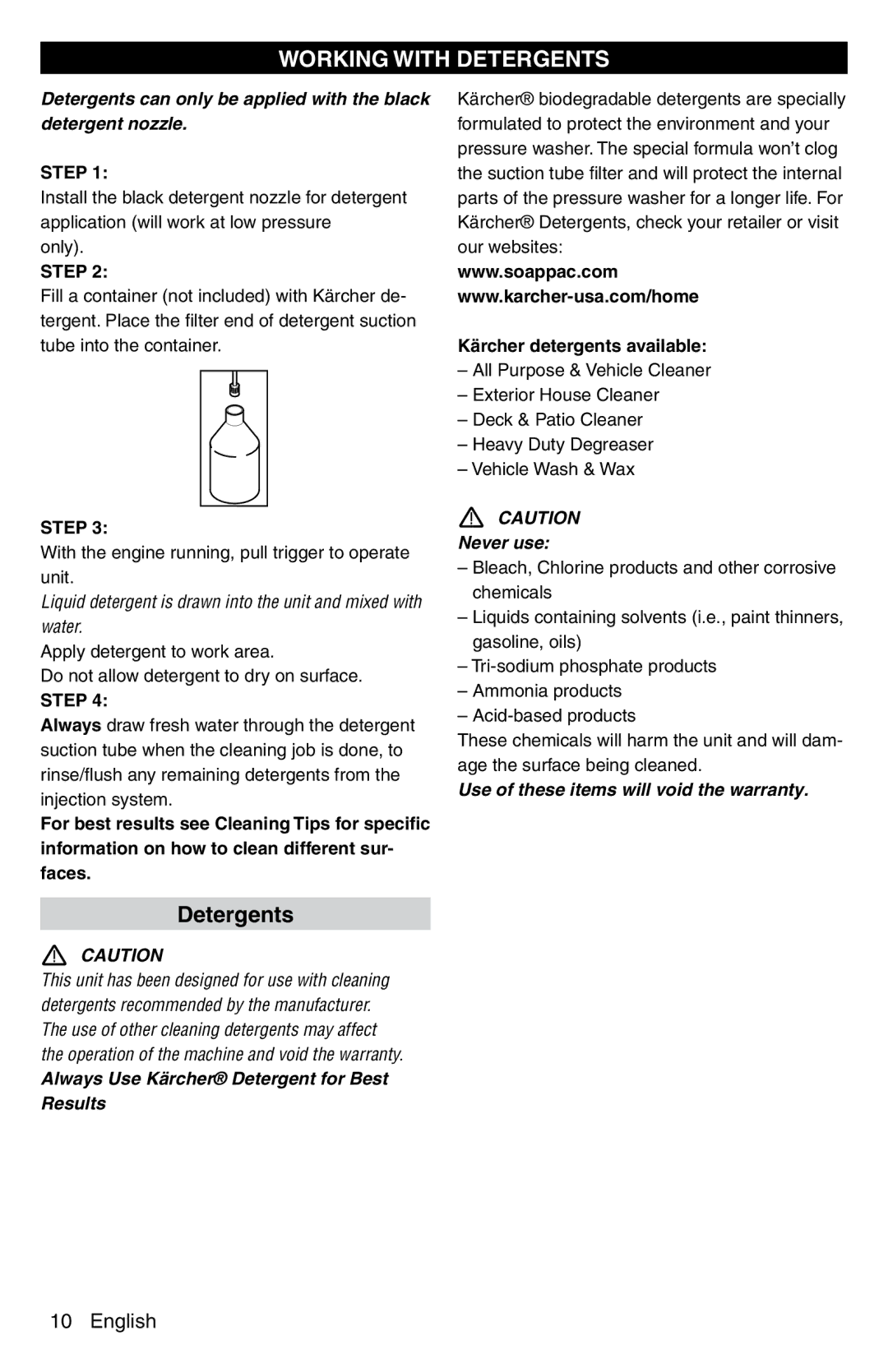 Karcher G 2600 PC manual Working with Detergents, Kärcher detergents available 