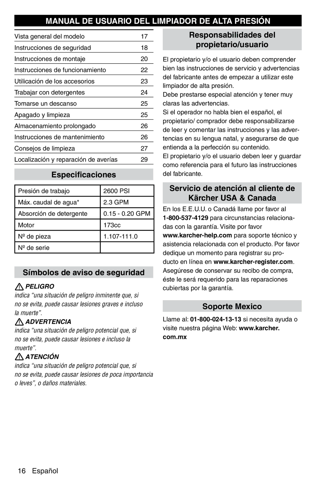 Karcher G 2600 PC manual Manual DE Usuario DEL Limpiador DE Alta Presión 