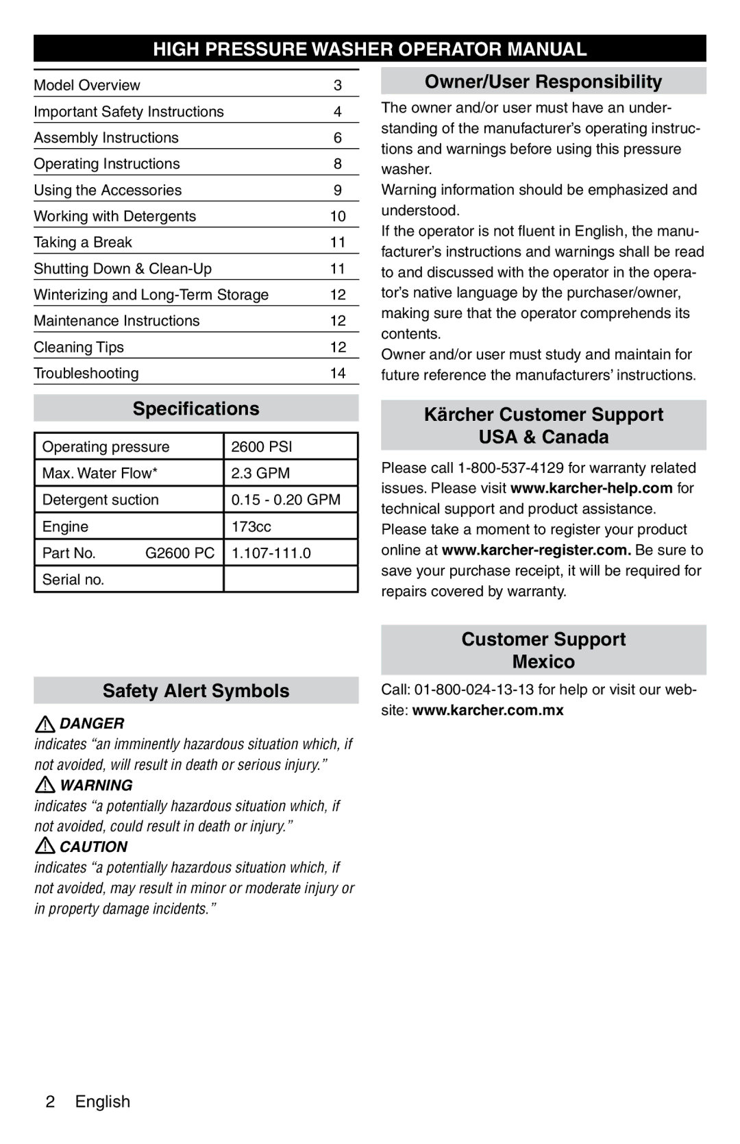 Karcher G 2600 PC manual High Pressure Washer Operator Manual, Owner/User Responsibility, Speciﬁcations 