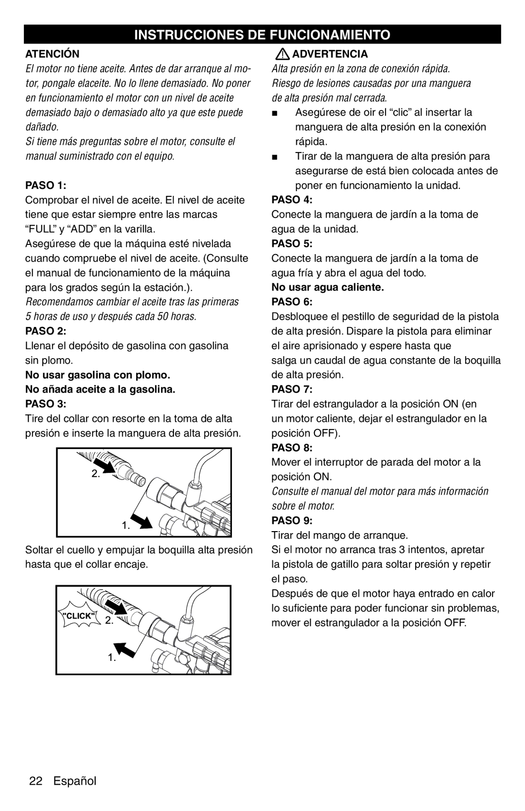 Karcher G 2600 PC manual Instrucciones DE Funcionamiento, No usar gasolina con plomo No añada aceite a la gasolina 