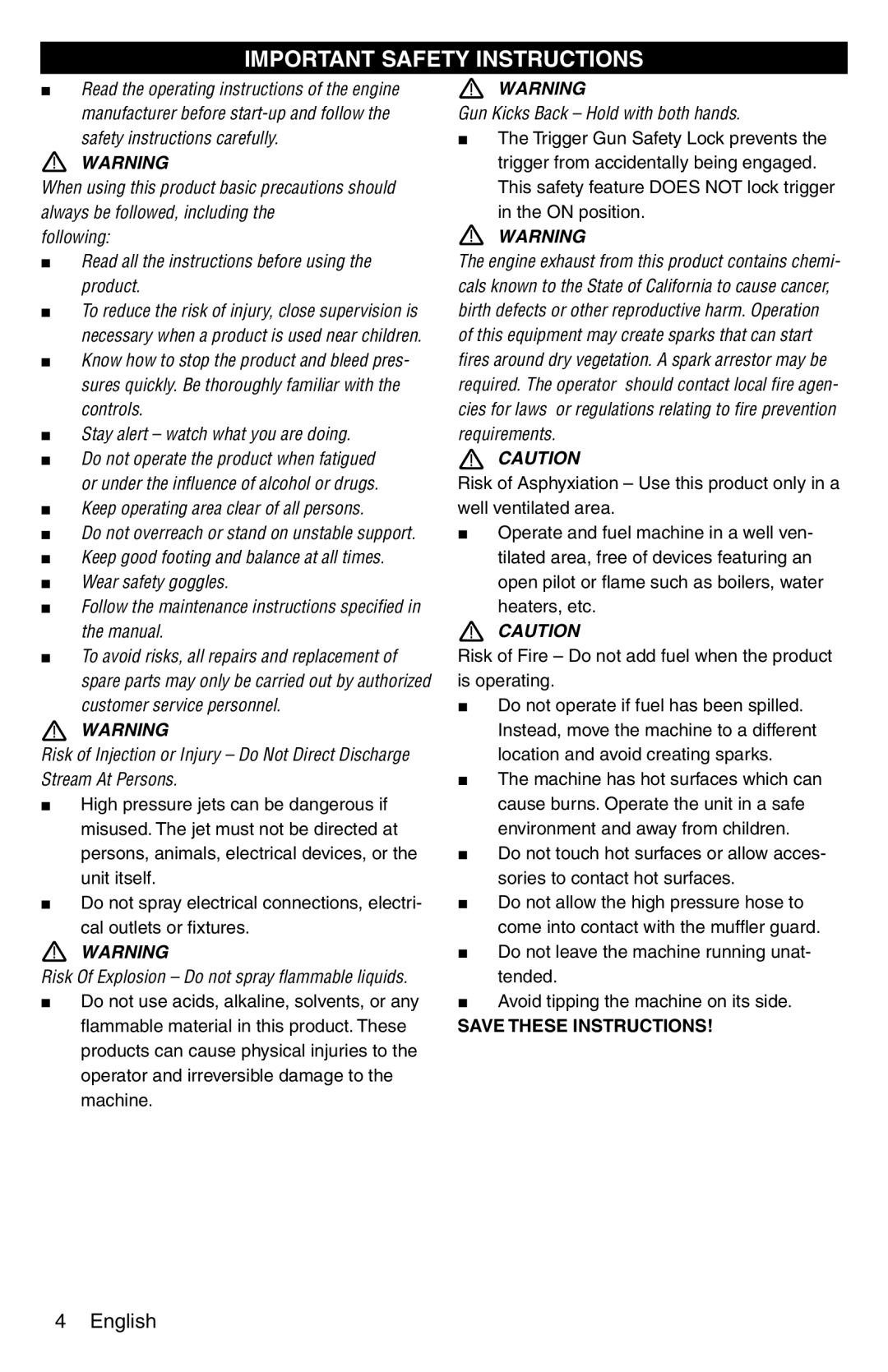 Karcher G 2600 PC manual Important Safety Instructions, Gun Kicks Back Hold with both hands 