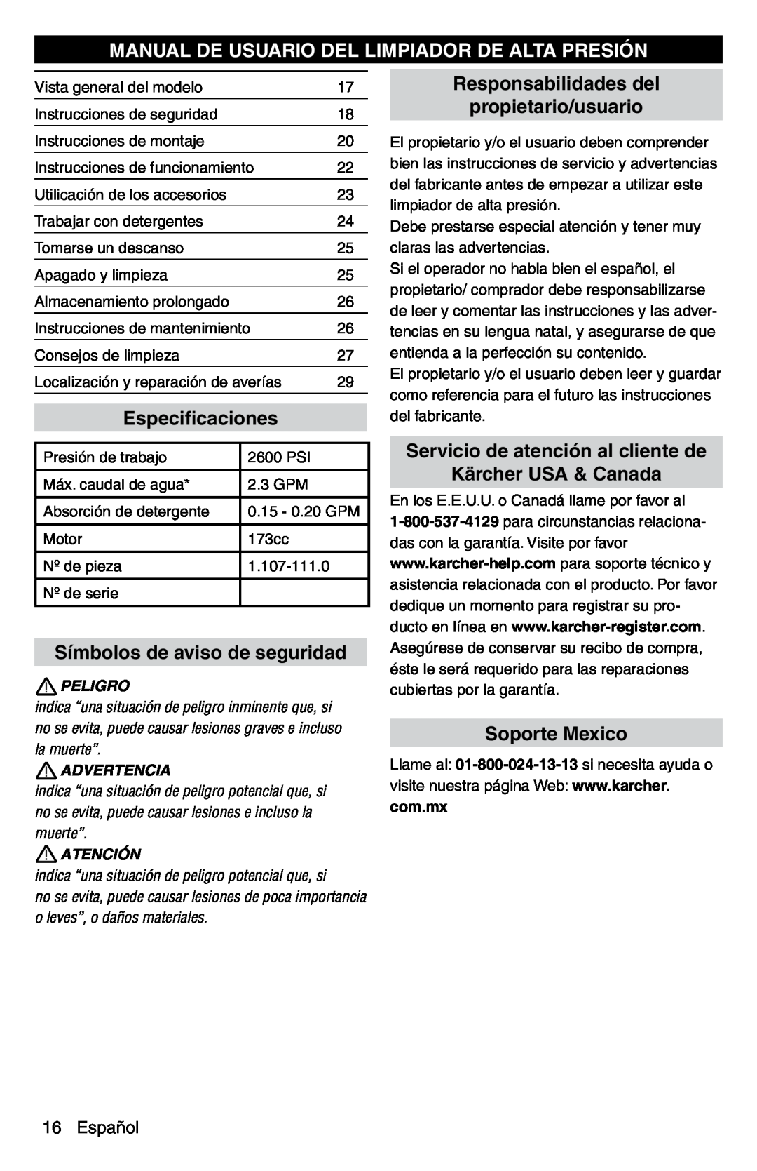 Karcher G 2600 PC Manual De Usuario Del Limpiador De Alta Presión, Especiﬁcaciones, Símbolos de aviso de seguridad, com.mx 