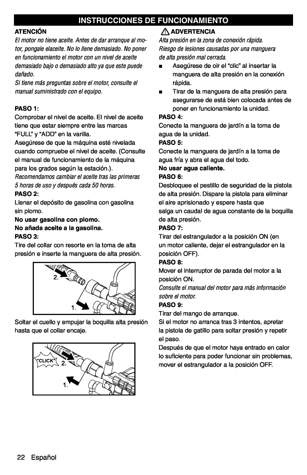Karcher G 2600 PC manual Instrucciones De Funcionamiento, Español, Atención, No usar agua caliente PASO, Paso, Advertencia 