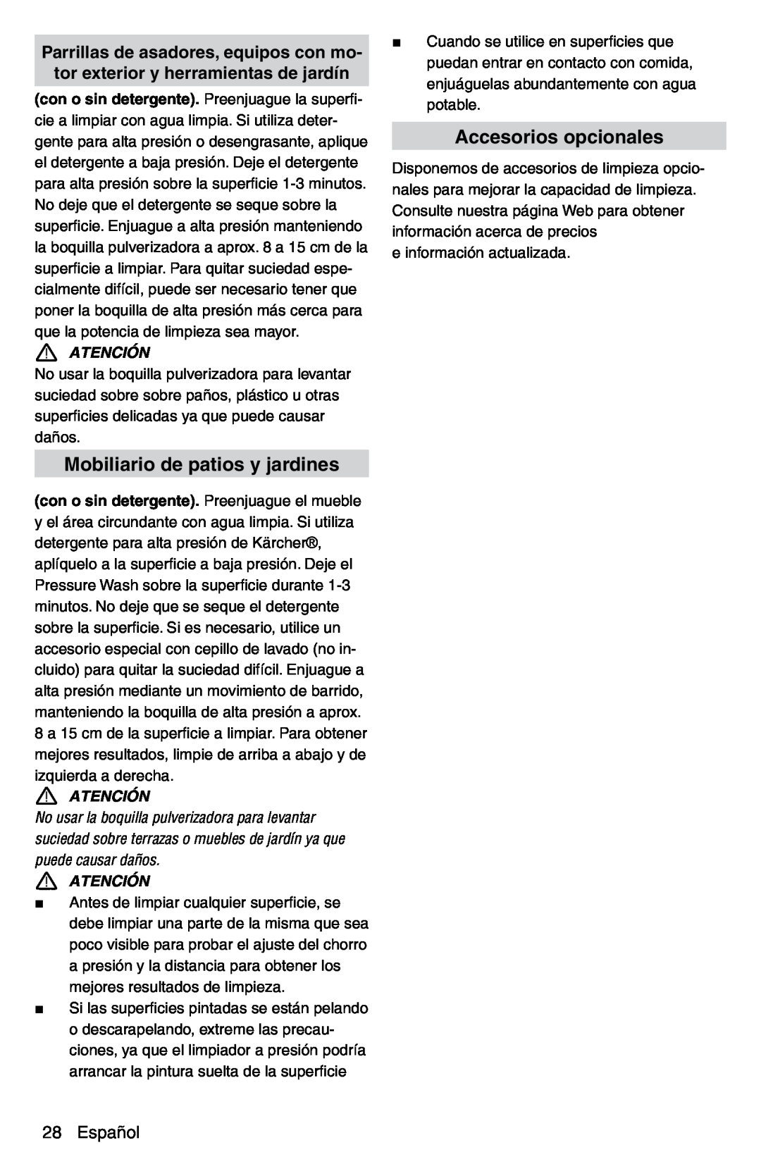 Karcher G 2600 PC manual Mobiliario de patios y jardines, Accesorios opcionales, Español, Atención 