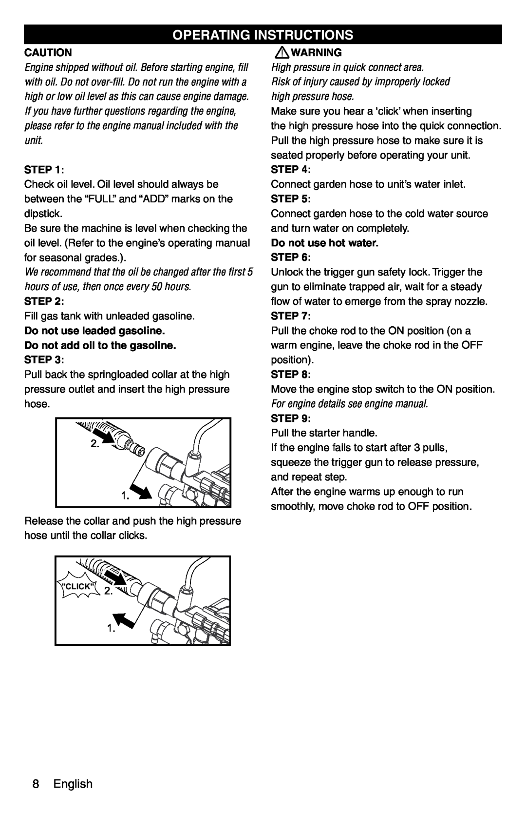 Karcher G 2600 PC Operating Instructions, English, Do not use leaded gasoline Do not add oil to the gasoline STEP, Step 