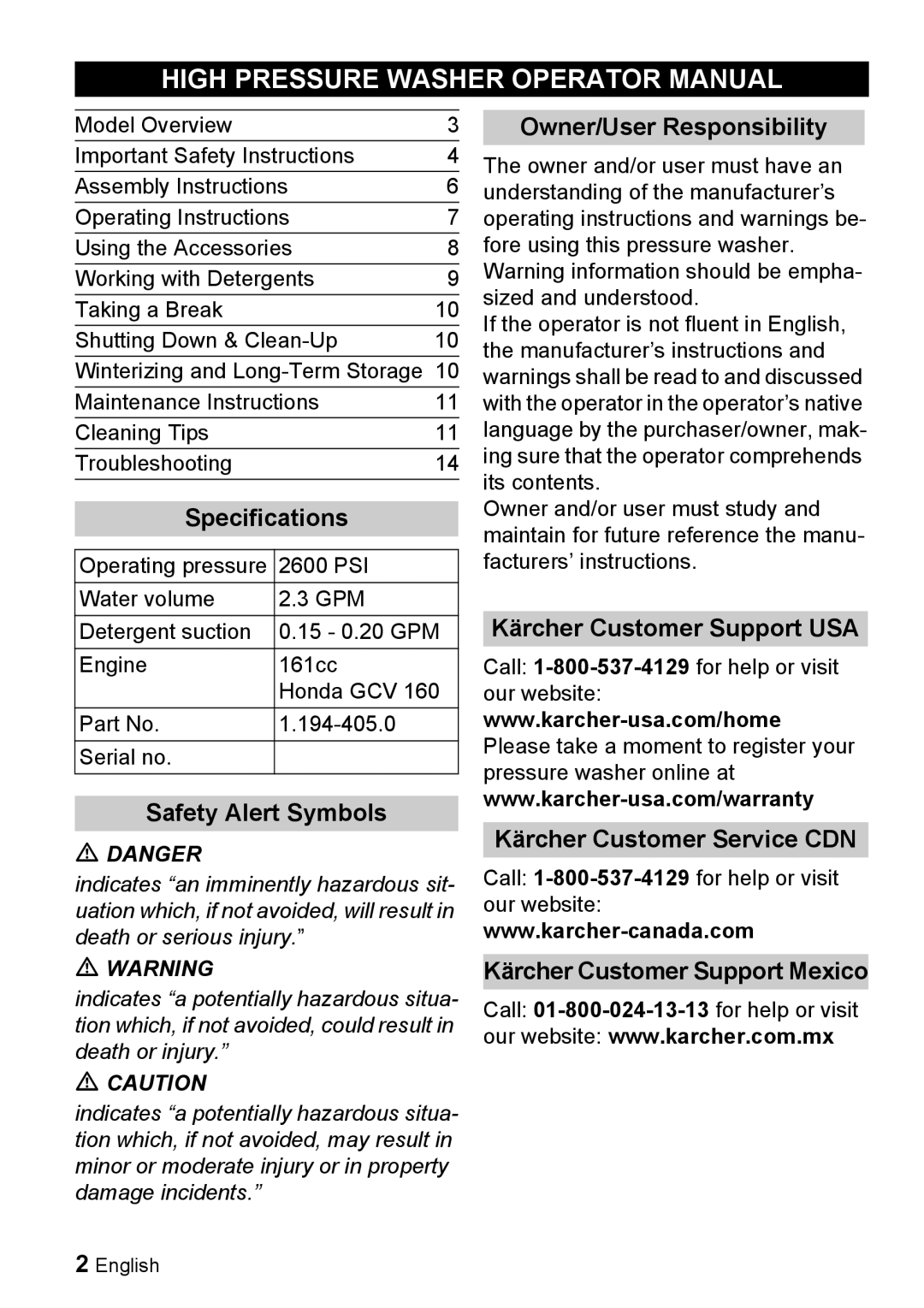 Karcher G 2600 PH High Pressure Washer Operator Manual, Specifications, Safety Alert Symbols, Owner/User Responsibility 