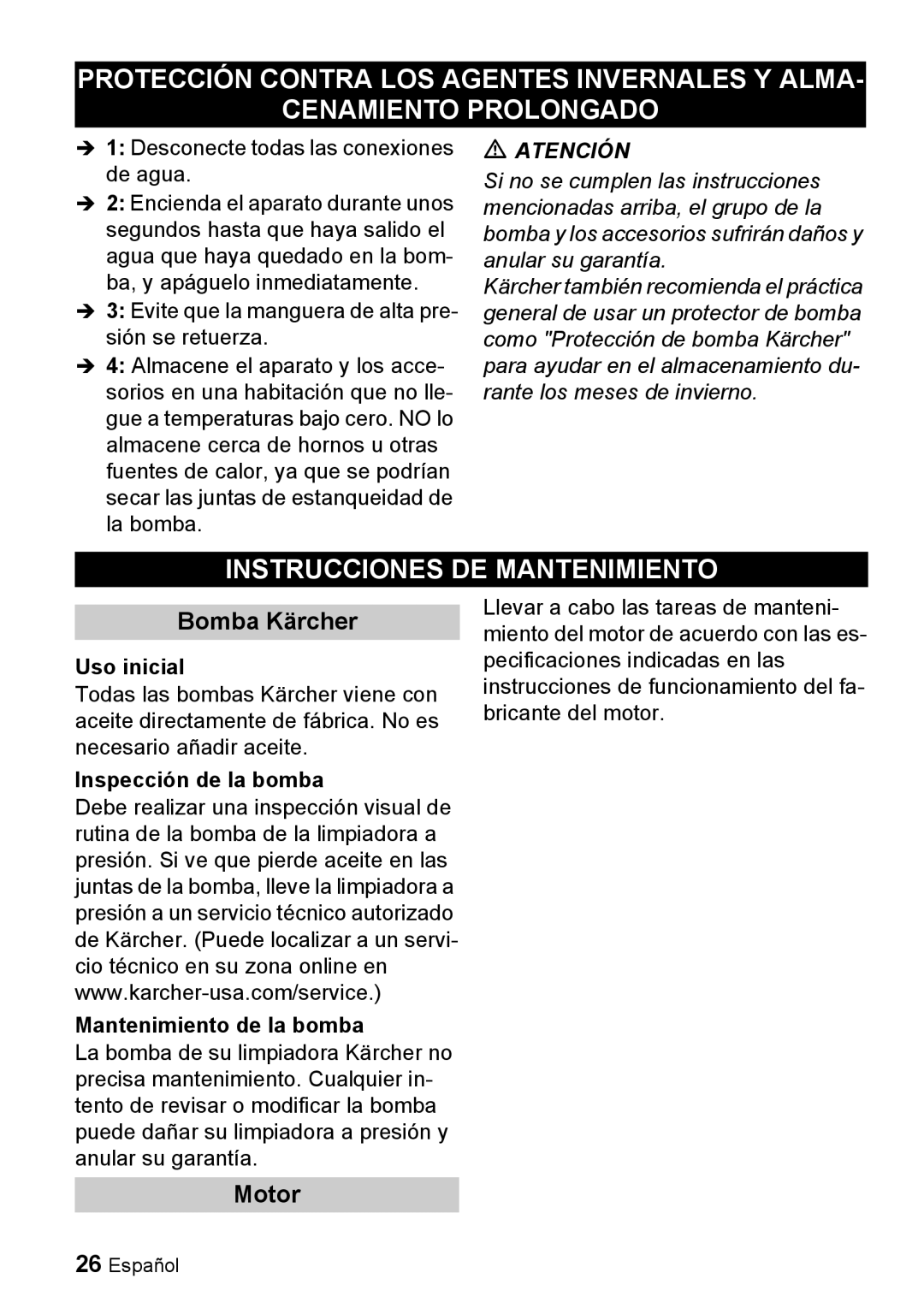 Karcher G 2600 PH manual Instrucciones DE Mantenimiento, Bomba Kärcher, Motor, Uso inicial 