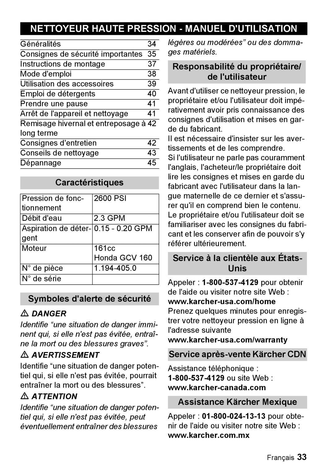 Karcher G 2600 PH manual Nettoyeur Haute Pression Manuel Dutilisation, Caractéristiques, Symboles dalerte de sécurité 