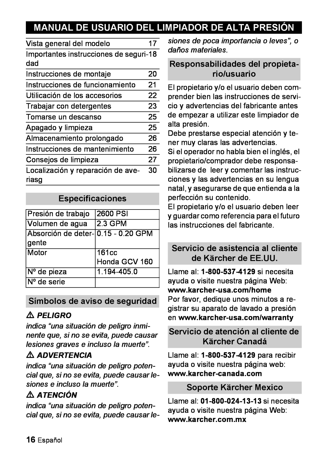 Karcher G 2600 PH manual Manual De Usuario Del Limpiador De Alta Presión, Especificaciones, Símbolos de aviso de seguridad 