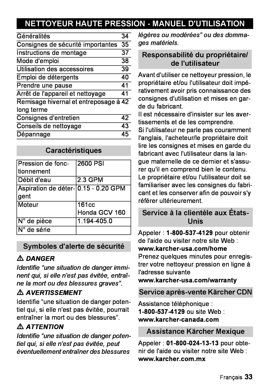 Karcher G 2600 PH manual Nettoyeur Haute Pression - Manuel Dutilisation, Caractéristiques, Symboles dalerte de sécurité 
