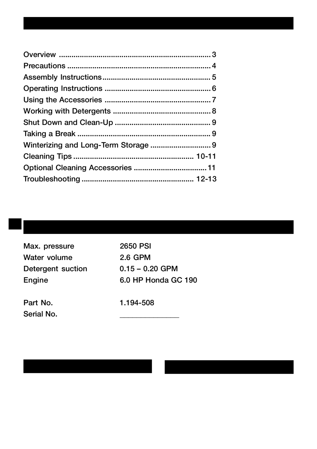 Karcher G 2650 HH manual High Pressure Washer Operator Manual, Specifications 