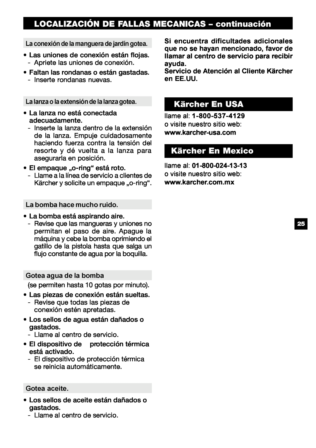 Karcher G 2650 HH manual LOCALIZACIÓN DE FALLAS MECANICAS - continuación, Kärcher En USA, Kärcher En Mexico, DG1061K1F6 