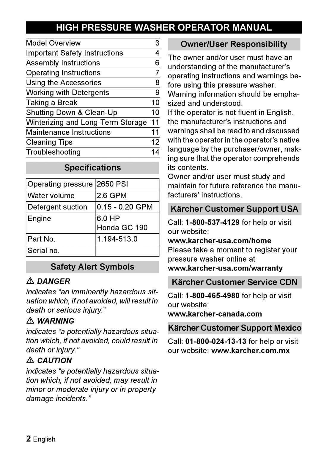 Karcher G 2650 OH High Pressure Washer Operator Manual, Specifications, Safety Alert Symbols, Owner/User Responsibility 