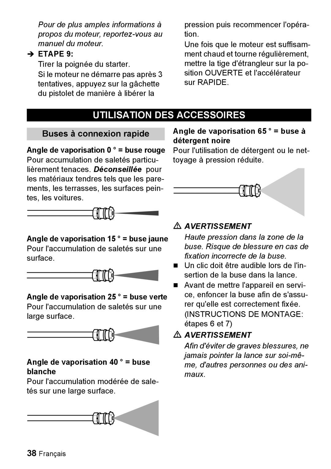 Karcher G 2650 OH manual Utilisation DES Accessoires, Buses à connexion rapide, Angle de vaporisation 0 = buse rouge 