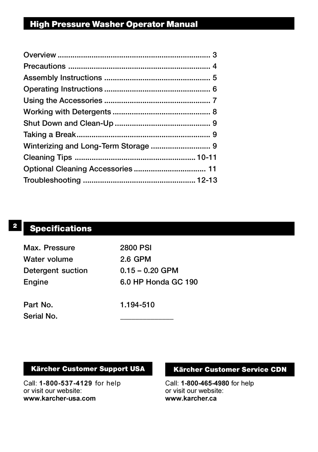 Karcher G 2800 OH manual High Pressure Washer Operator Manual, Specifications 