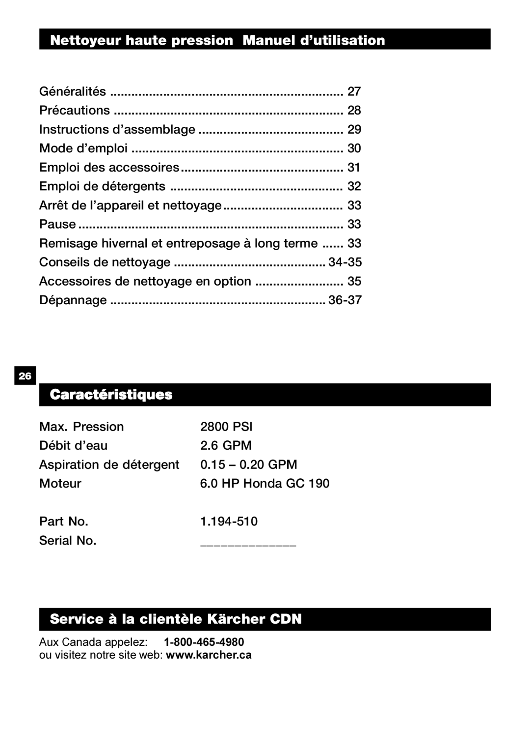 Karcher G 2800 OH Nettoyeur haute pression Manuel d’utilisation, Caractéristiques, Service à la clientèle Kärcher CDN 