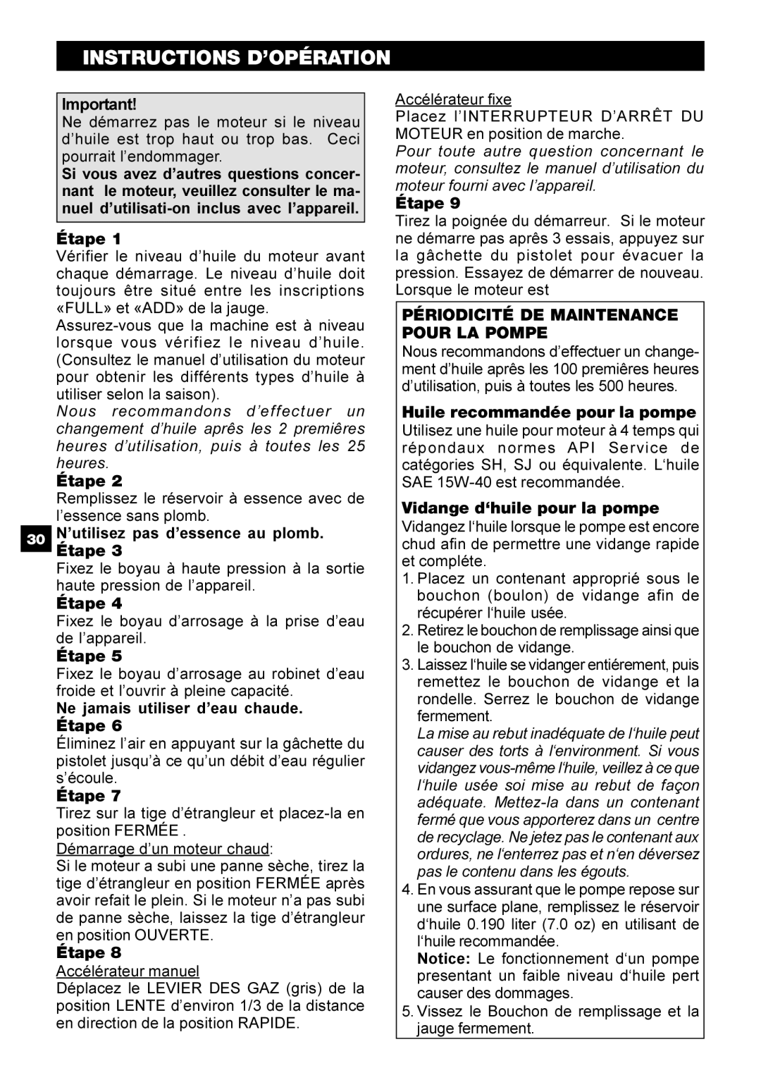 Karcher G 2800 OH manual Instructions D’OPÉRATION, Périodicité DE Maintenance Pour LA Pompe 