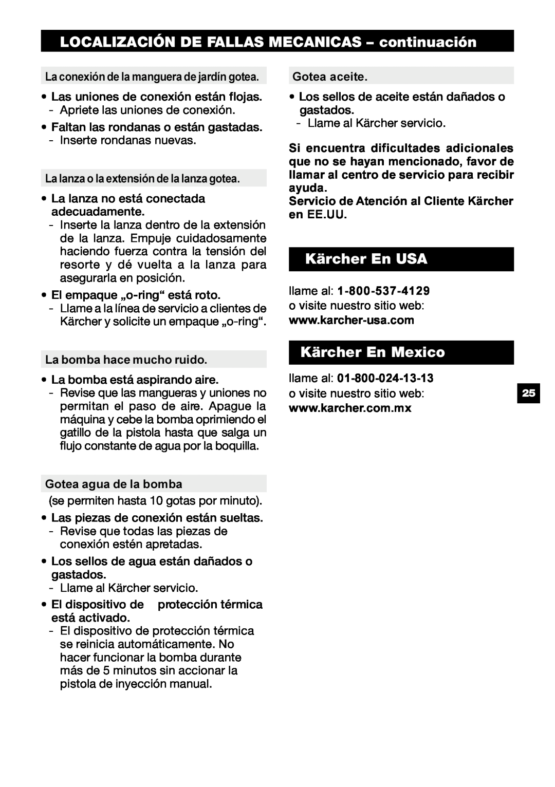 Karcher G 2800 OH manual LOCALIZACIÓN DE FALLAS MECANICAS - continuación, Kärcher En USA, Kärcher En Mexico 