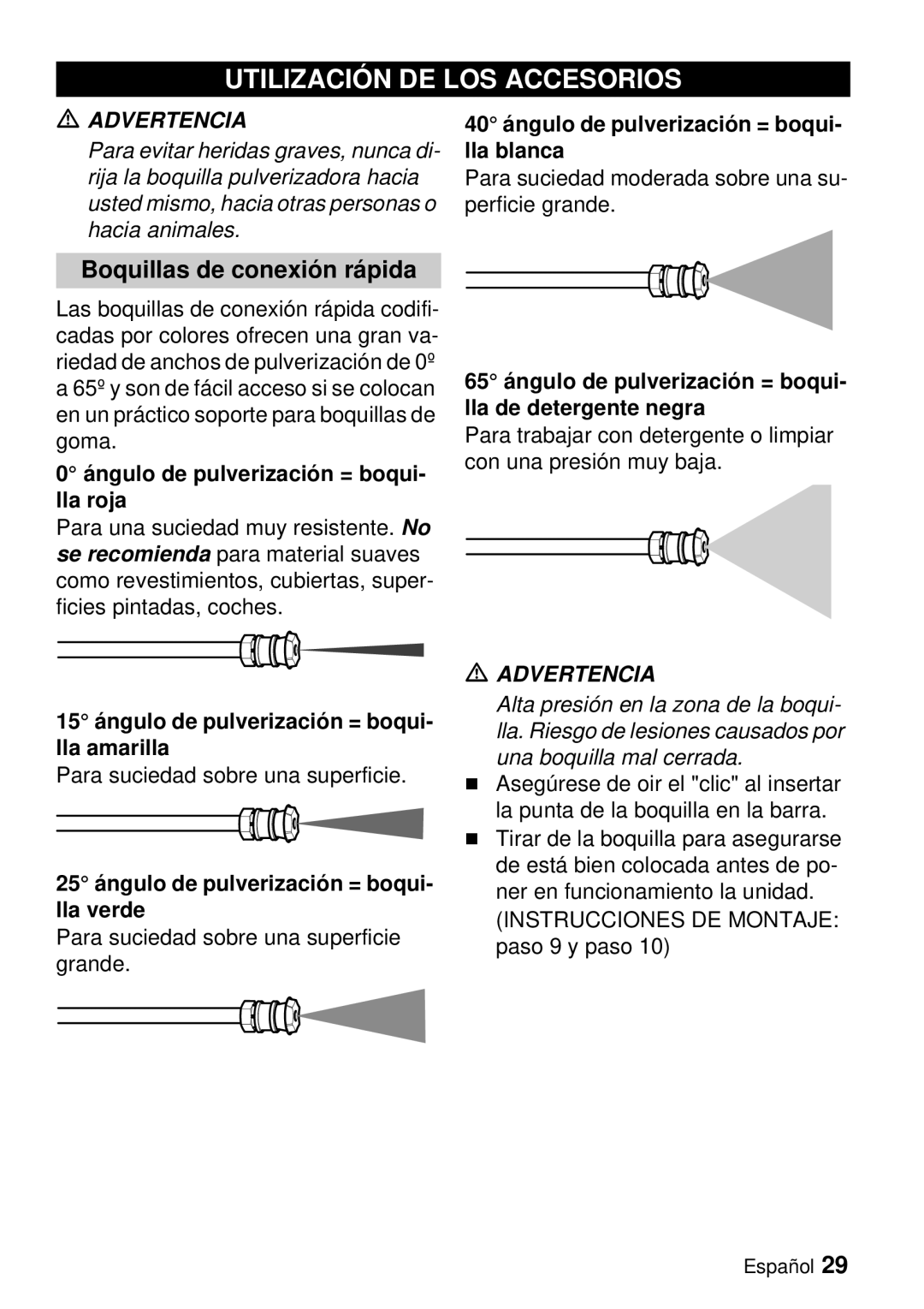 Karcher G 3000 BH manual Utilización DE LOS Accesorios, Boquillas de conexión rápida 