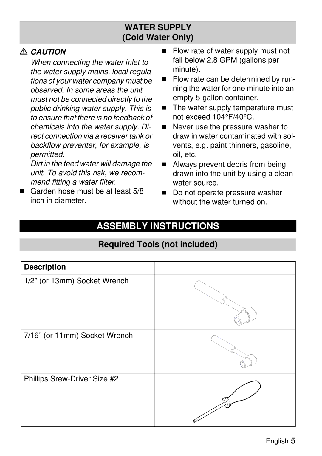 Karcher G 3000 BH manual Assembly Instructions, Water Supply Cold Water Only, Required Tools not included, Description 