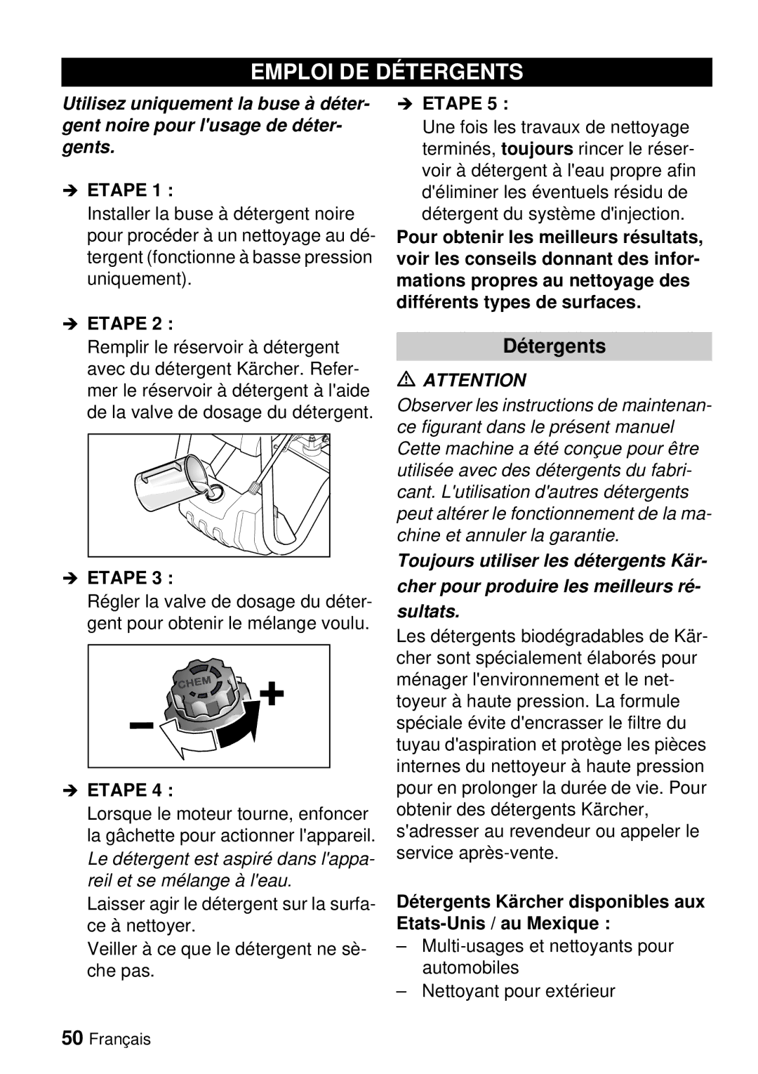 Karcher G 3000 BH manual Emploi DE Détergents, Détergents Kärcher disponibles aux Etats-Unis / au Mexique 