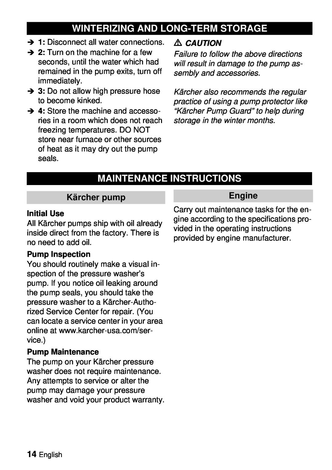 Karcher G 3000 BH manual Winterizing And Long-Termstorage, Maintenance Instructions, Kärcher pump, Engine 