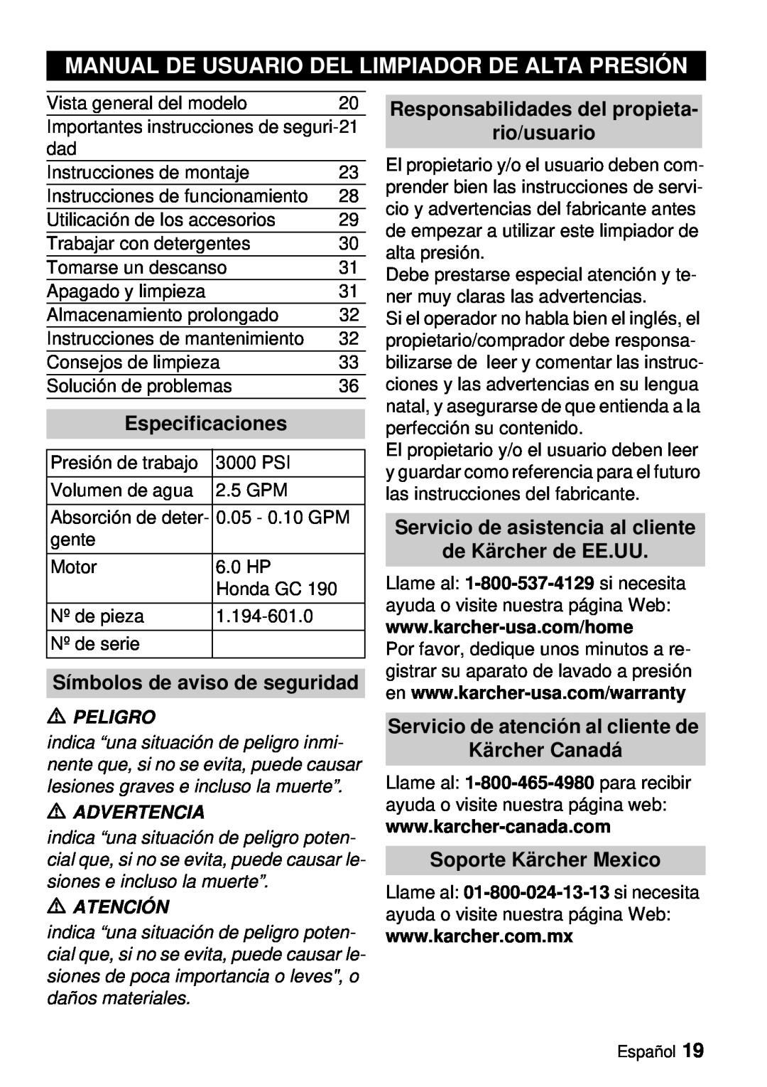 Karcher G 3000 BH manual Manual De Usuario Del Limpiador De Alta Presión, Especificaciones, Símbolos de aviso de seguridad 
