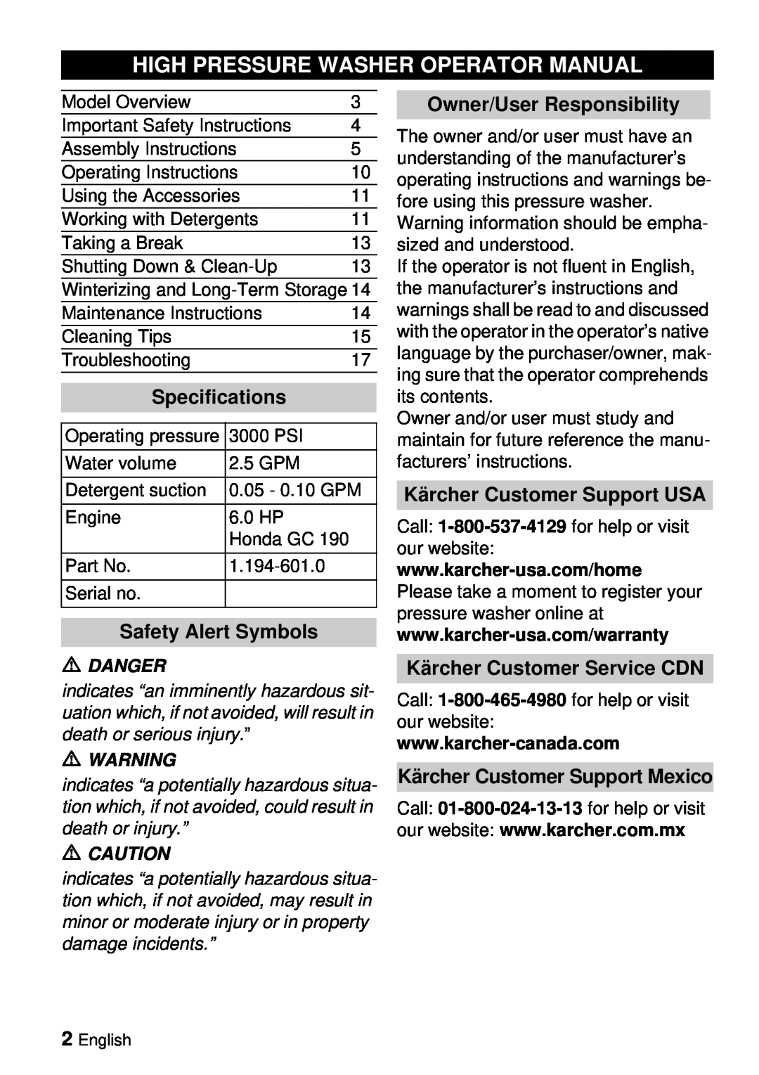Karcher G 3000 BH High Pressure Washer Operator Manual, Specifications, Safety Alert Symbols, Owner/User Responsibility 
