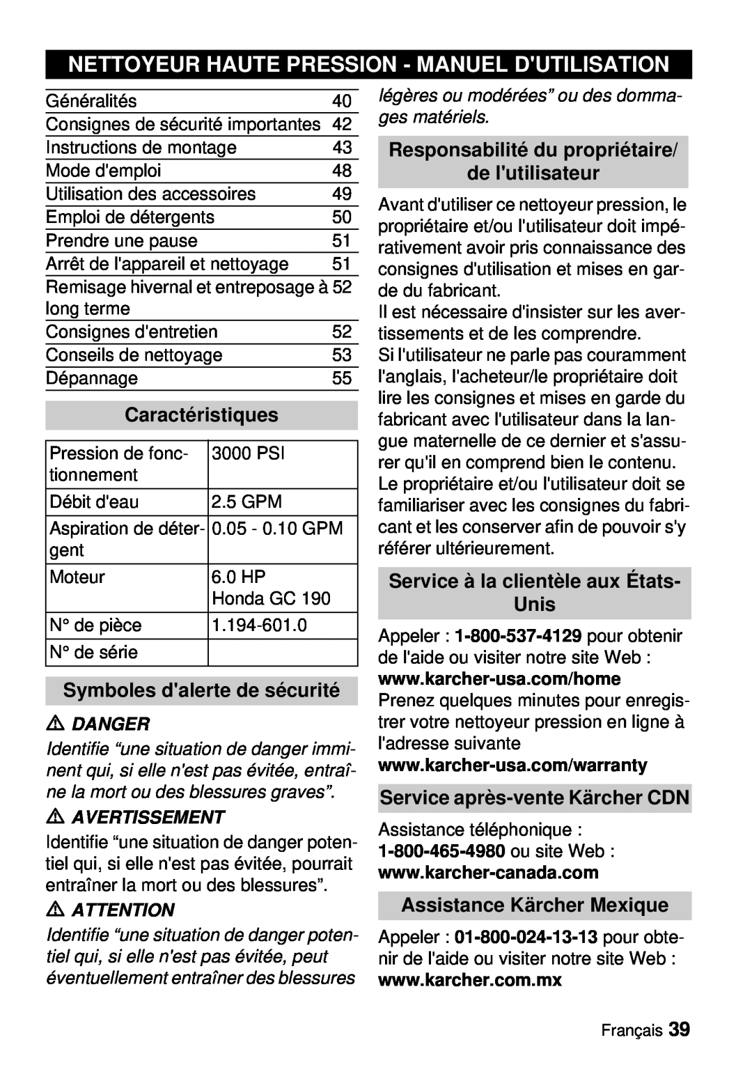 Karcher G 3000 BH manual Nettoyeur Haute Pression - Manuel Dutilisation, Caractéristiques, Symboles dalerte de sécurité 